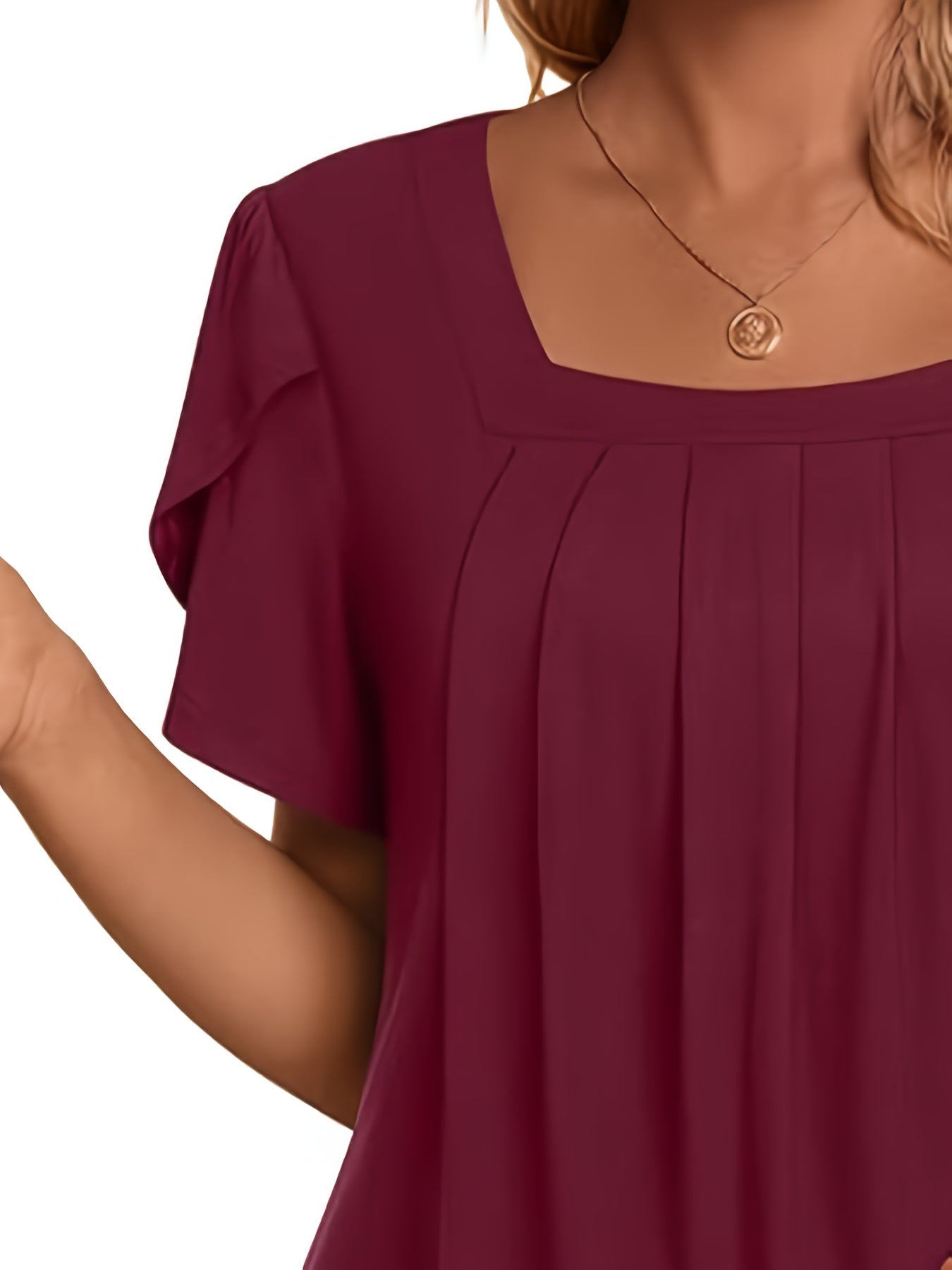 Women's Elegant Square Neck Short Sleeve T-Shirt - Lightweight Polyester-Spandex Blend, Loose Fit with Chest Ruching & Petal Sleeves, Machine Washable Spring Summer Casual Top, Everyday Comfort Tee, Stretchy Fabric