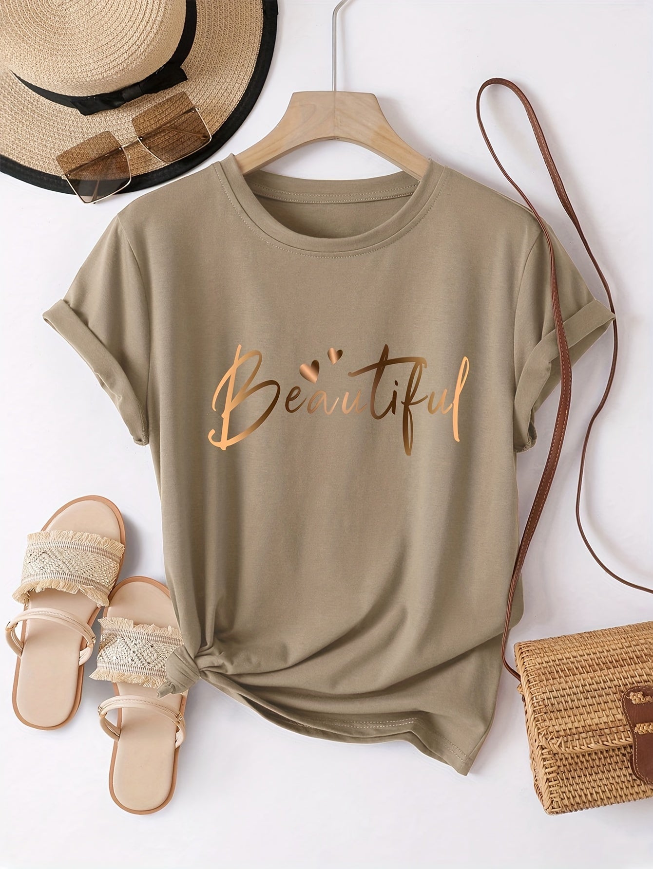 Women'S Casual Crew Neck T-Shirt with Heart & Letter Print - "Beautiful" Design, Short Sleeve, Loose Fit, Black, Perfect for Spring/Summer/Fall, Ladies T Shirts