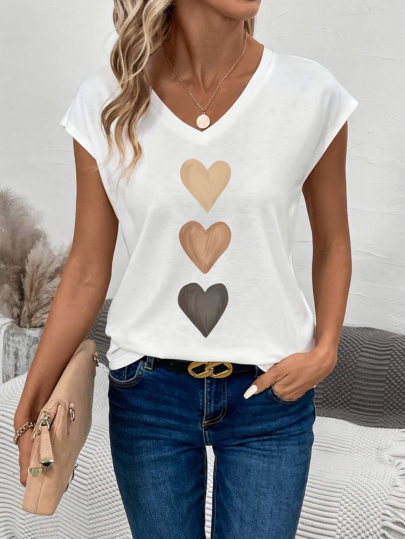 [V Neck Heart Print Tee] Heart Print V Neck T-Shirt, Casual Cap Sleeve Top For Spring & Summer, Women's Clothing