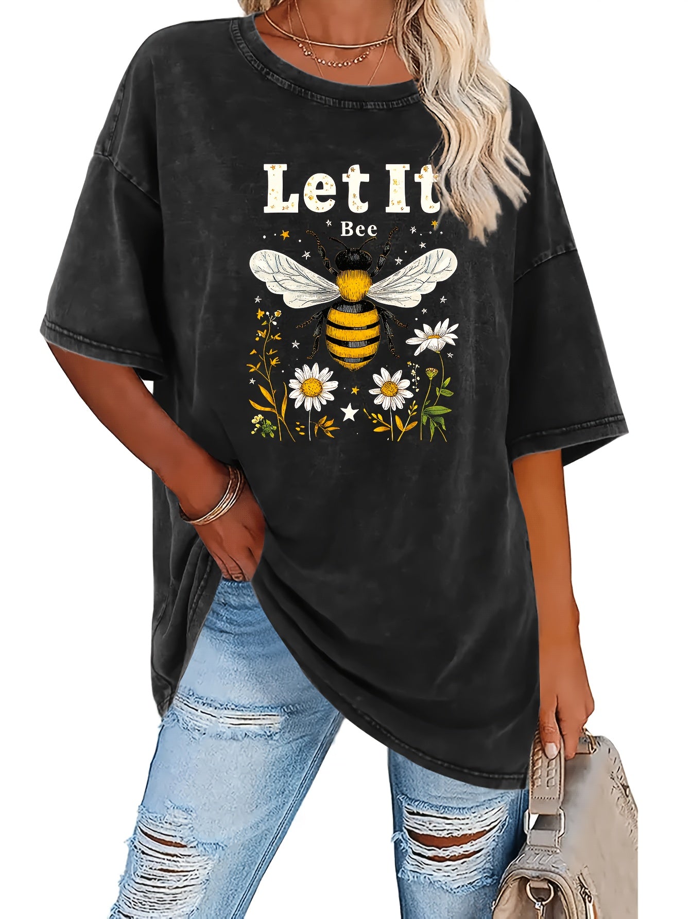 Half Moon Pattern, Summer Women'S Fashion Washed Retro High Quality 230G Thick T-Shirt, Street Retro Style Round Neck Short-Sleeved T-Shirt