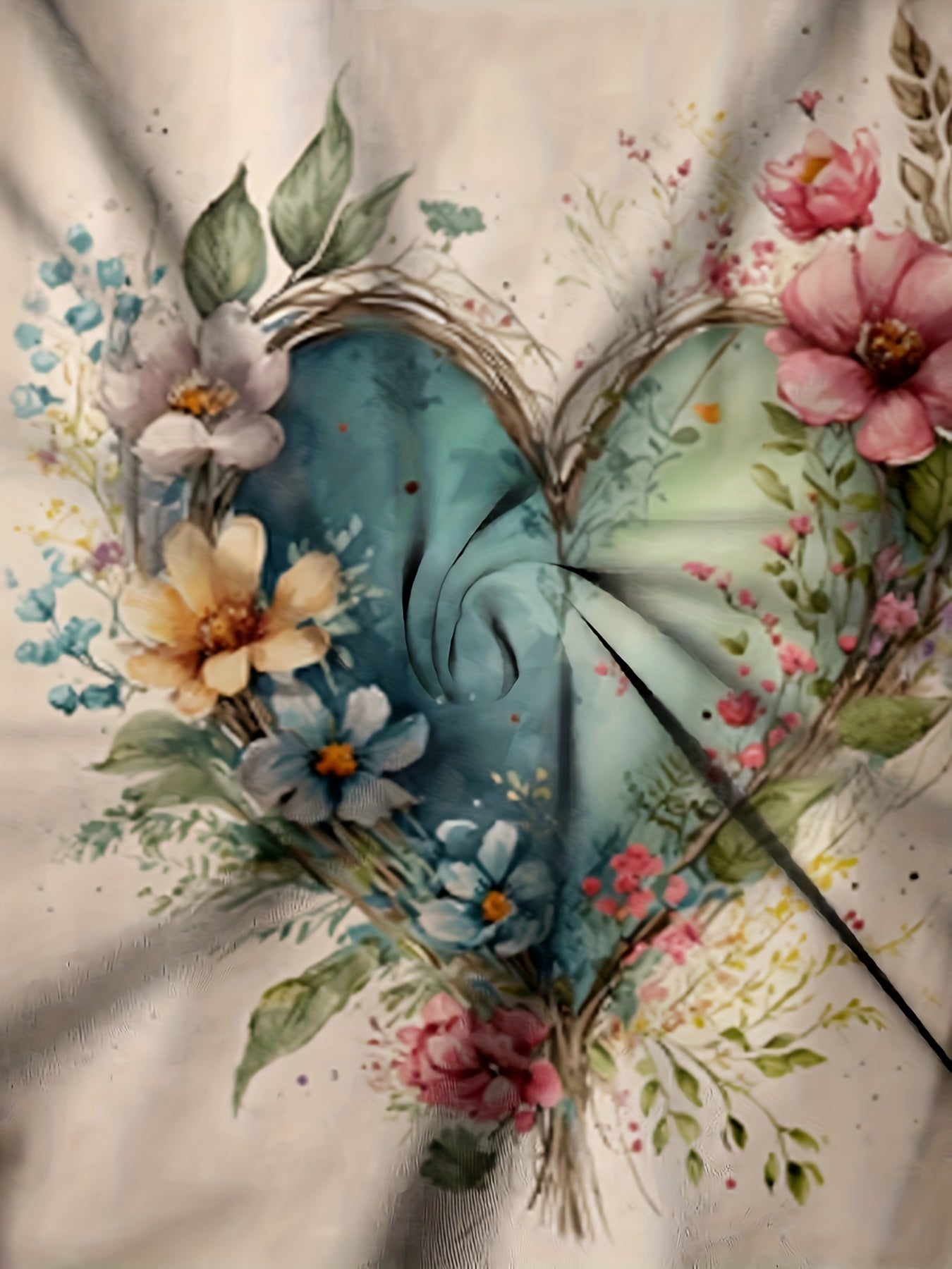 [Floral Heart Graphic T-Shirt] Lightweight, Comfortable Fabric Women's Floral Heart Graphic T-Shirt - Round Neck, Machine Washable Casual Blouse for Everyday & Home Outfits, Beige & Pastel Floral Print, Relaxed Fit Tee, Artistic Design, Short Sleeve,