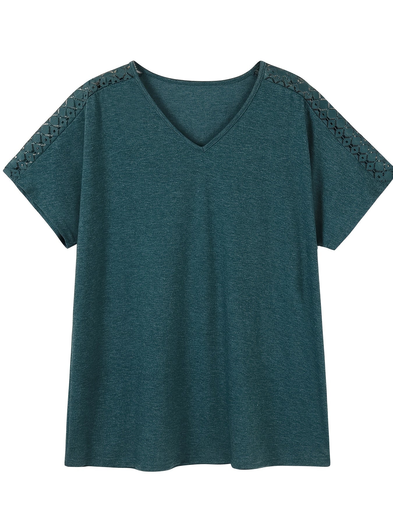 [Plus Size V-Neck Tee] 2024 Summer Women's Plus Size V-Neck T-Shirt | Pink with Lace Detail, Short Sleeve, Lightweight & Stretchy Fabric, Casual Wear | Comfortable Fit, Lace Trim Top