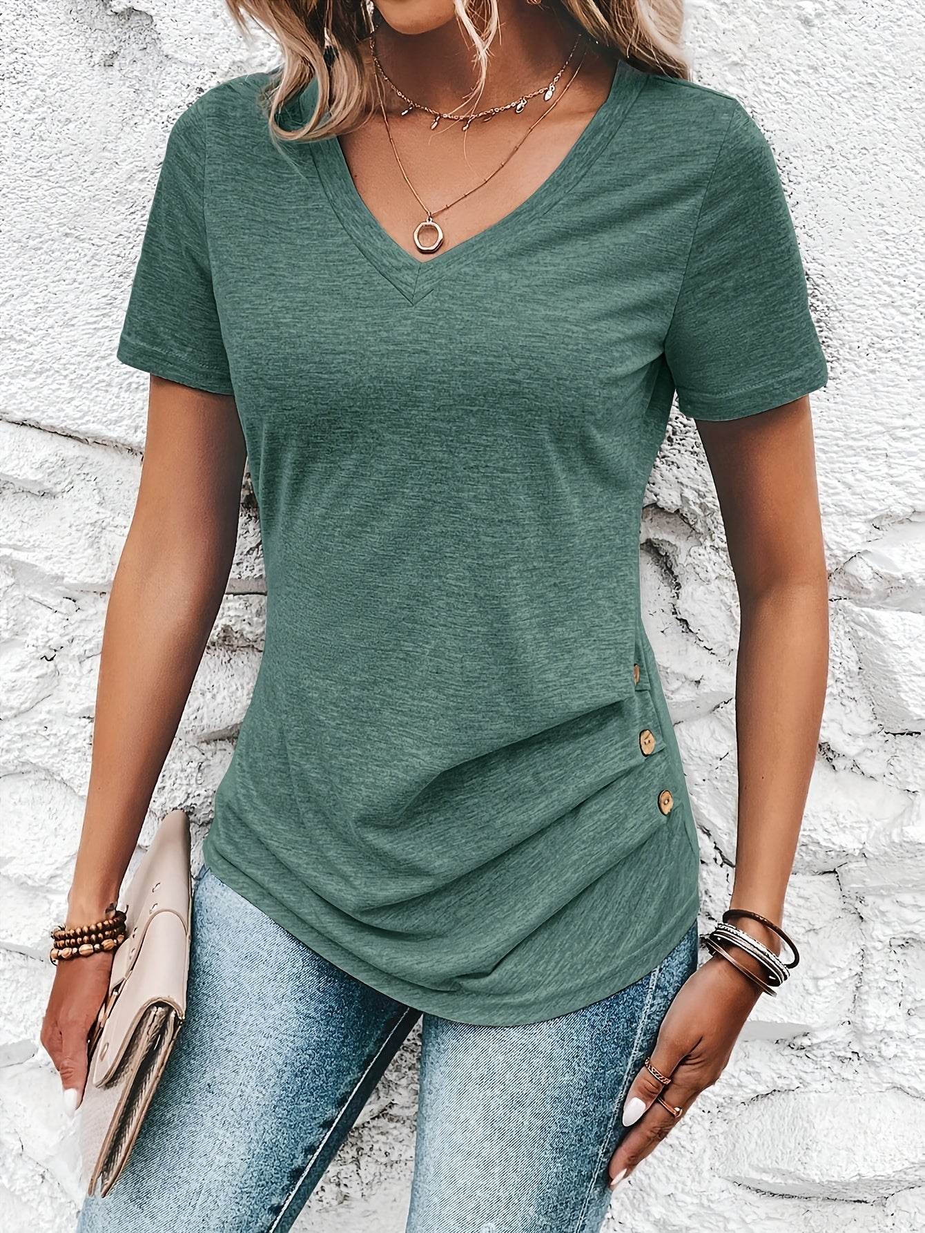 Women's Elegant Casual V-Neck Button-Front T-Shirt with Decorative Buttons - Soft Breathable Top, Regular Fit for Spring Summer Fall, Machine Washable Solid Color Blouse, Seasonal Versatile Shirt, Stylish Button Detailing, Construction