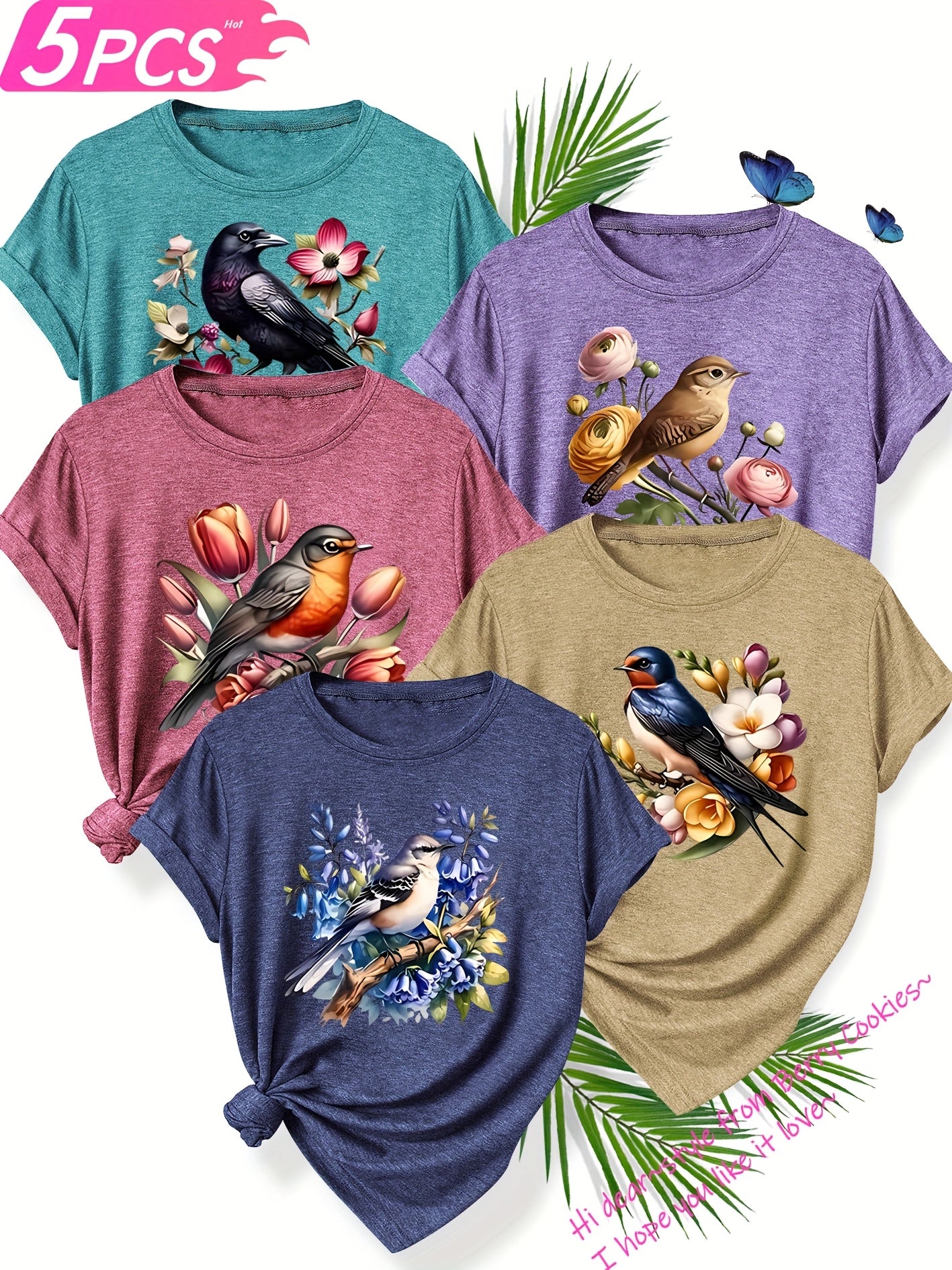 5pcs Set of Sisters Simple and Clear Line Cute Animal Plant Flower Pattern Printed Elegant Women'S Spring, Summer and Autumn Round Neck Short Sleeve T-shirt Multi-color Optional S-XXL