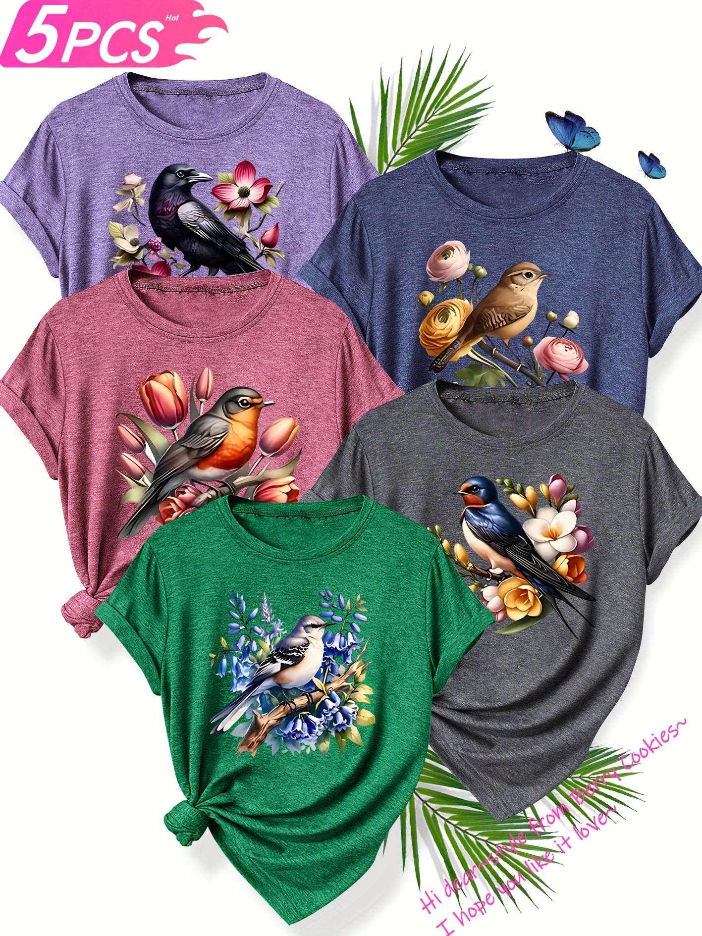 5pcs Set of Sisters Simple and Clear Line Cute Animal Plant Flower Pattern Printed Elegant Women'S Spring, Summer and Autumn Round Neck Short Sleeve T-shirt Multi-color Optional S-XXL