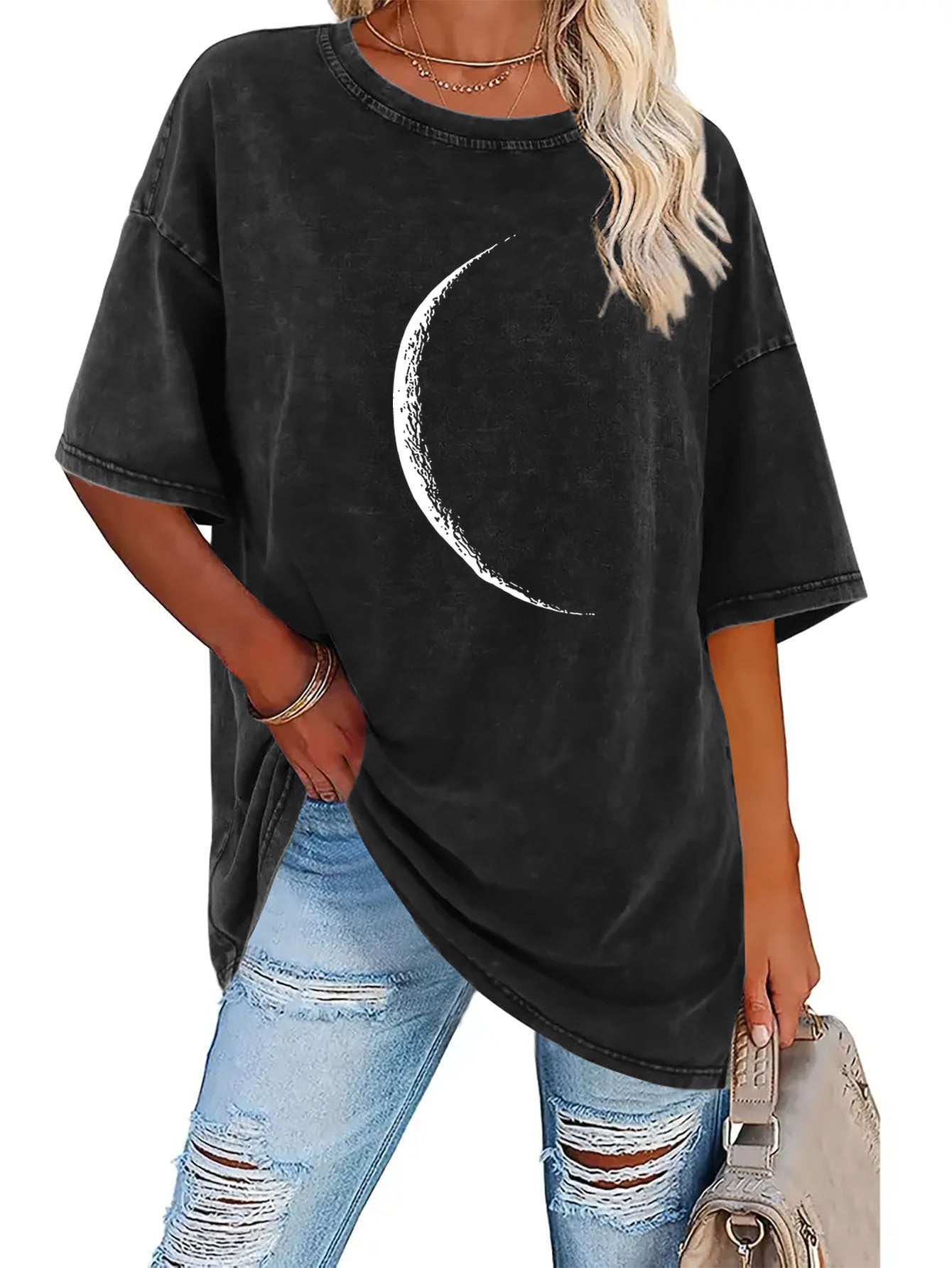 Half Moon Pattern, Summer Women'S Fashion Washed Retro High Quality 230G Thick T-Shirt, Street Retro Style Round Neck Short-Sleeved T-Shirt