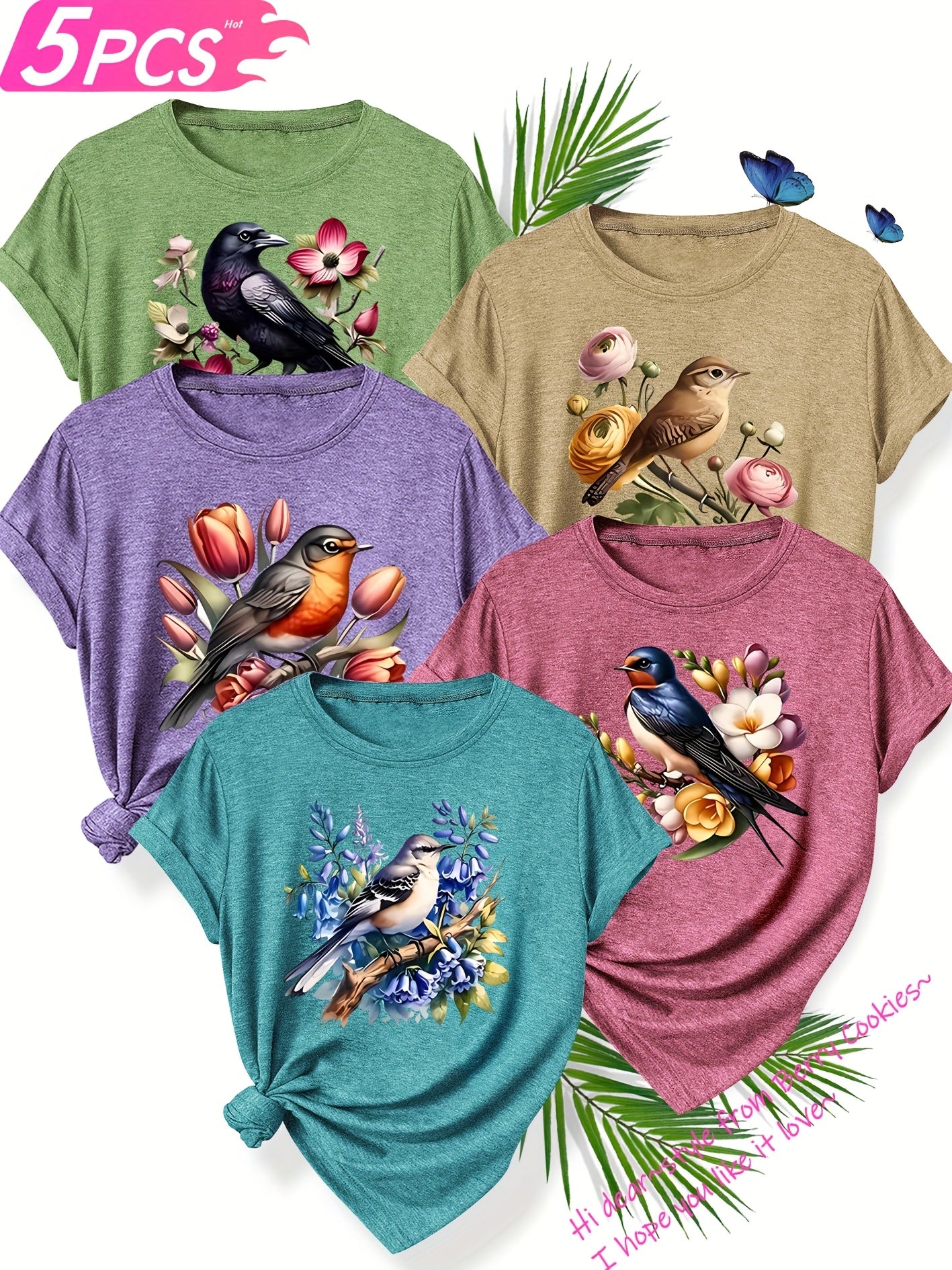 5pcs Set of Sisters Simple and Clear Line Cute Animal Plant Flower Pattern Printed Elegant Women'S Spring, Summer and Autumn Round Neck Short Sleeve T-shirt Multi-color Optional S-XXL