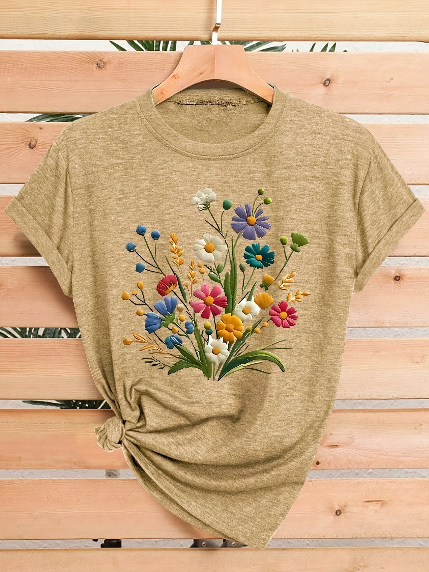 [Vintage T-Shirt] Vintage Floral Women's T-Shirt | Casual Crew Neck Short Sleeve Top, Medium Stretch Fabric, Colorful Flower Design, Sizes S-XXL