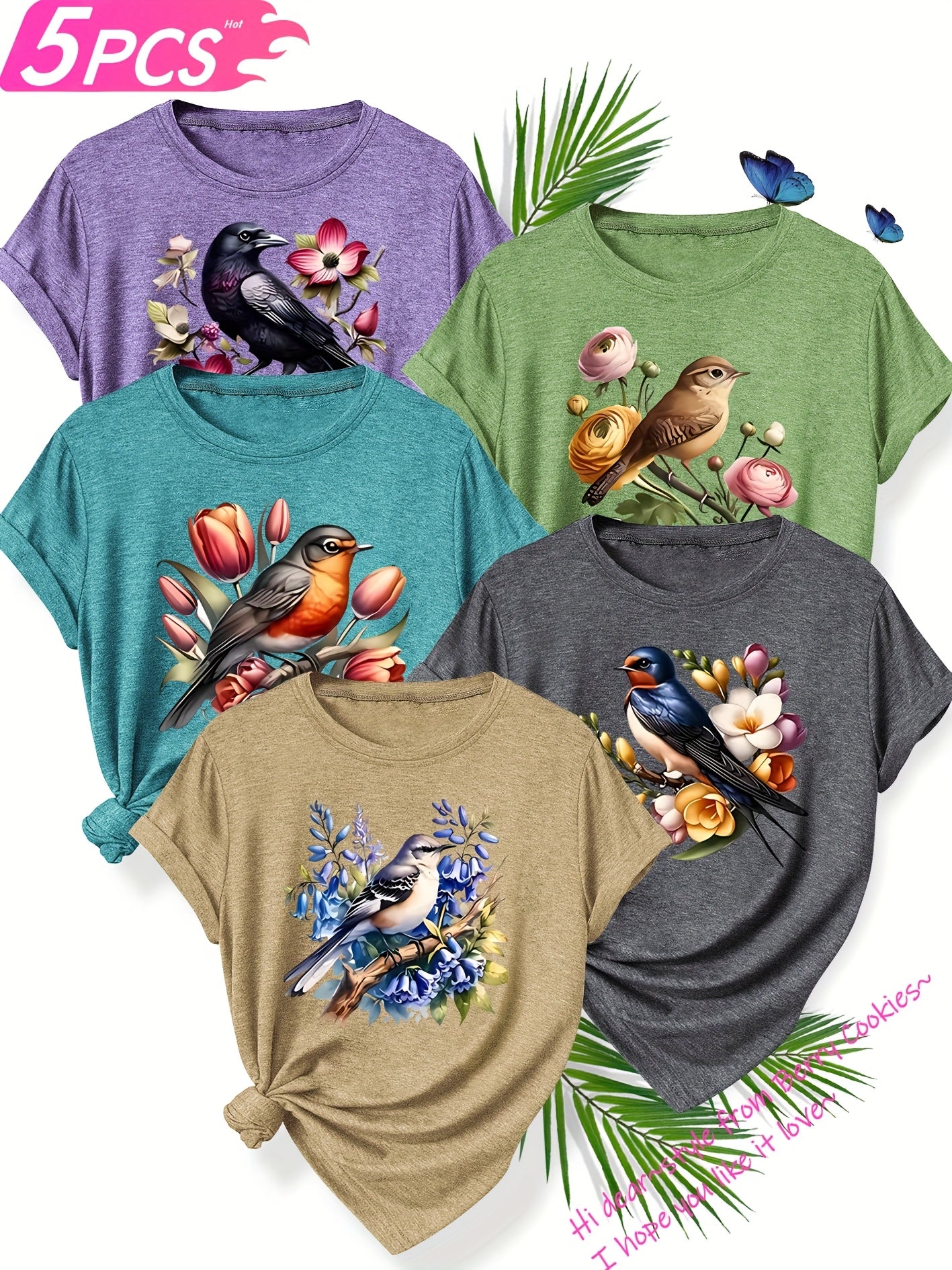 5pcs Set of Sisters Simple and Clear Line Cute Animal Plant Flower Pattern Printed Elegant Women'S Spring, Summer and Autumn Round Neck Short Sleeve T-shirt Multi-color Optional S-XXL