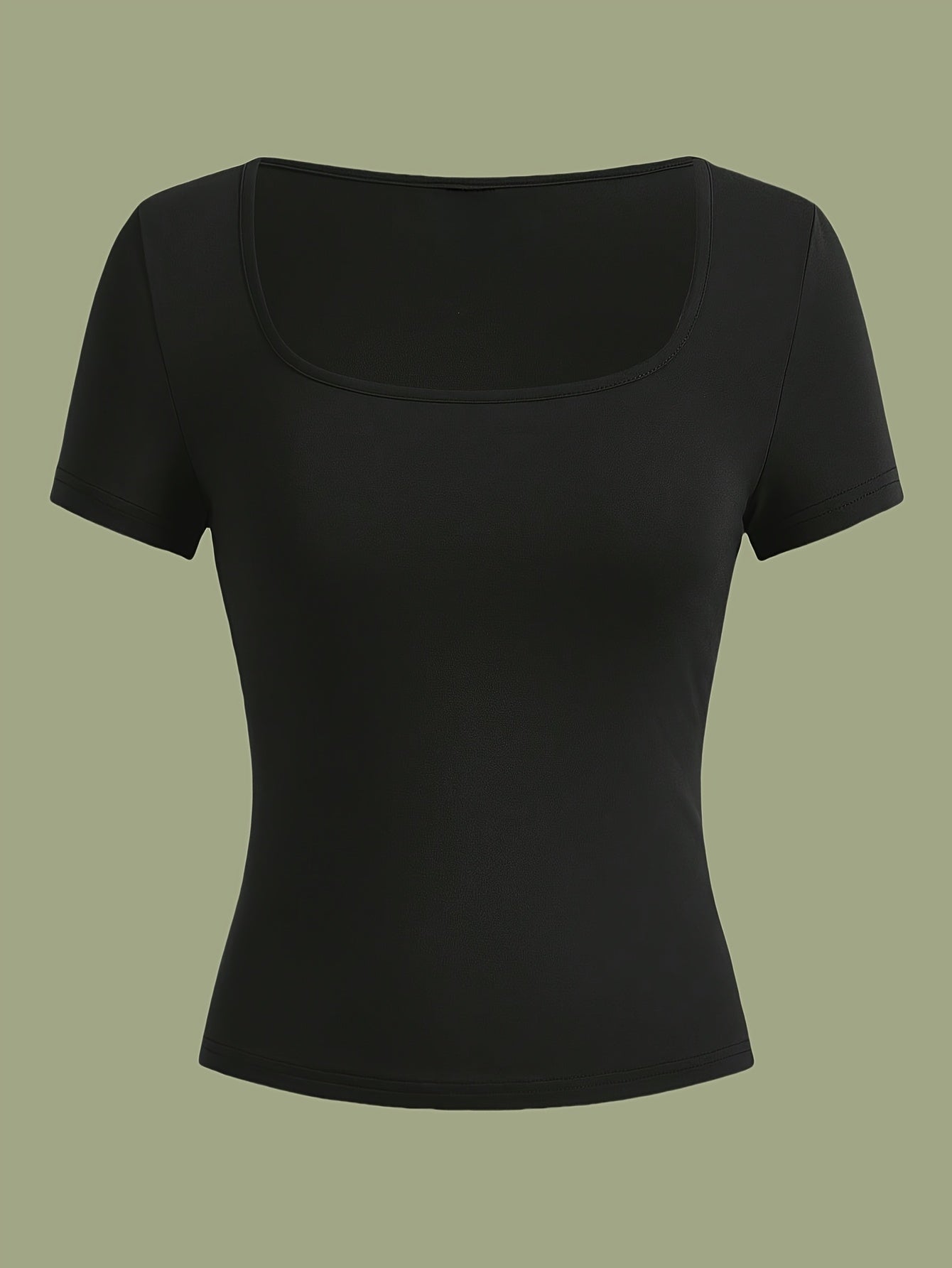 3pcs Women's Casual Square Neck Short Sleeve T-Shirts - High Elasticity Solid Color Tops, Machine Washable & Versatile for Casual Attire, All-Season Comfort