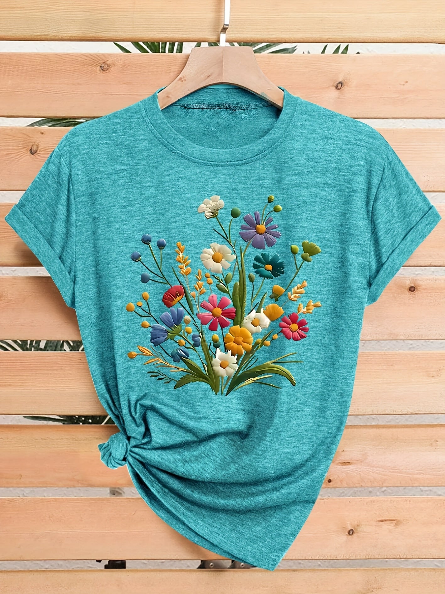 [Vintage T-Shirt] Vintage Floral Women's T-Shirt | Casual Crew Neck Short Sleeve Top, Medium Stretch Fabric, Colorful Flower Design, Sizes S-XXL