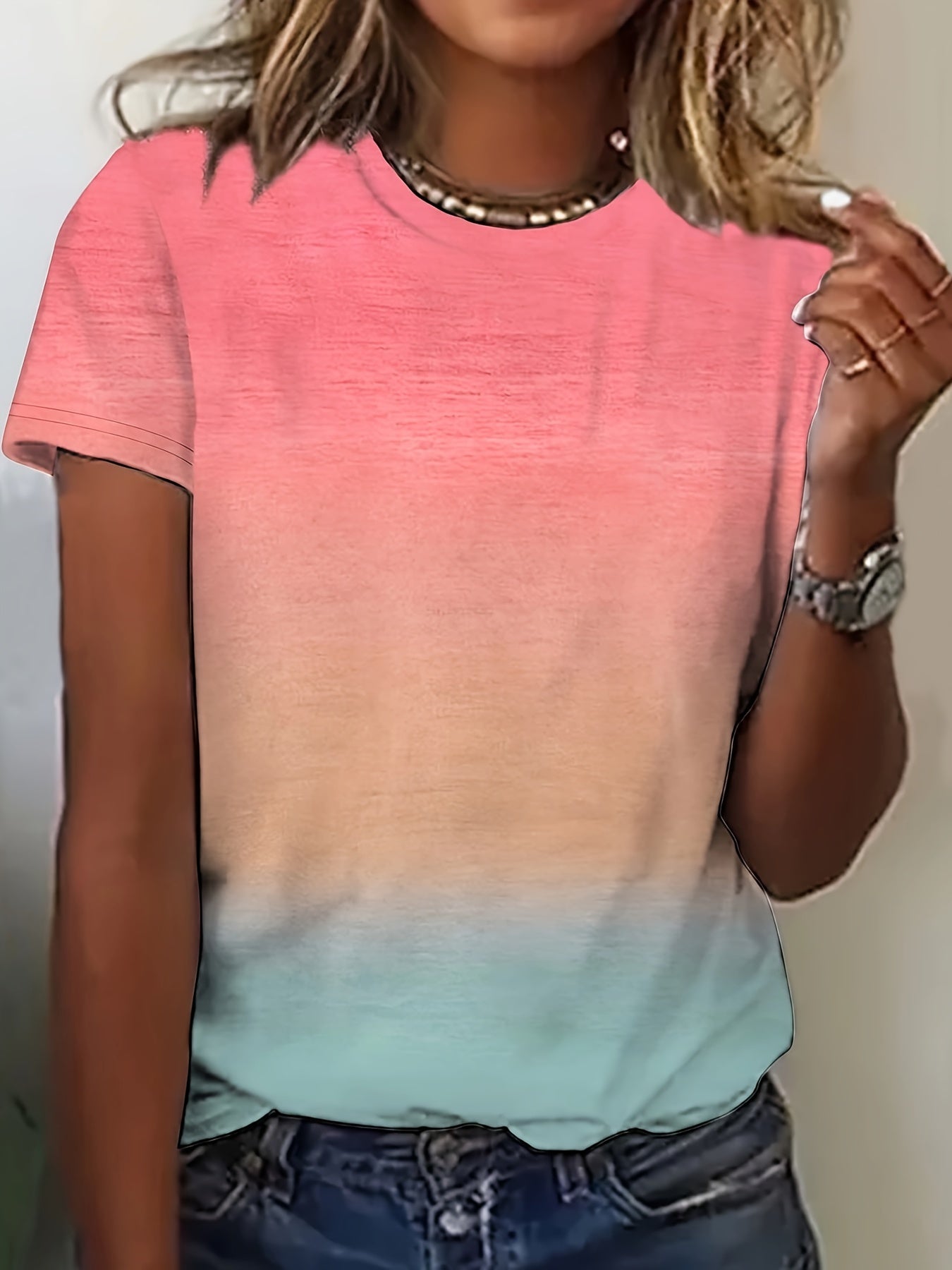 [Trendy Geometric Print Top] Trendy Geometric Print Women's Top | 2025 Spring/Summer Casual Round Neck Loose Blouse - Comfortable, Stylish, Breathable Fabric, Short Sleeve, Machine Washable, Home Use, Summer Wardrobe