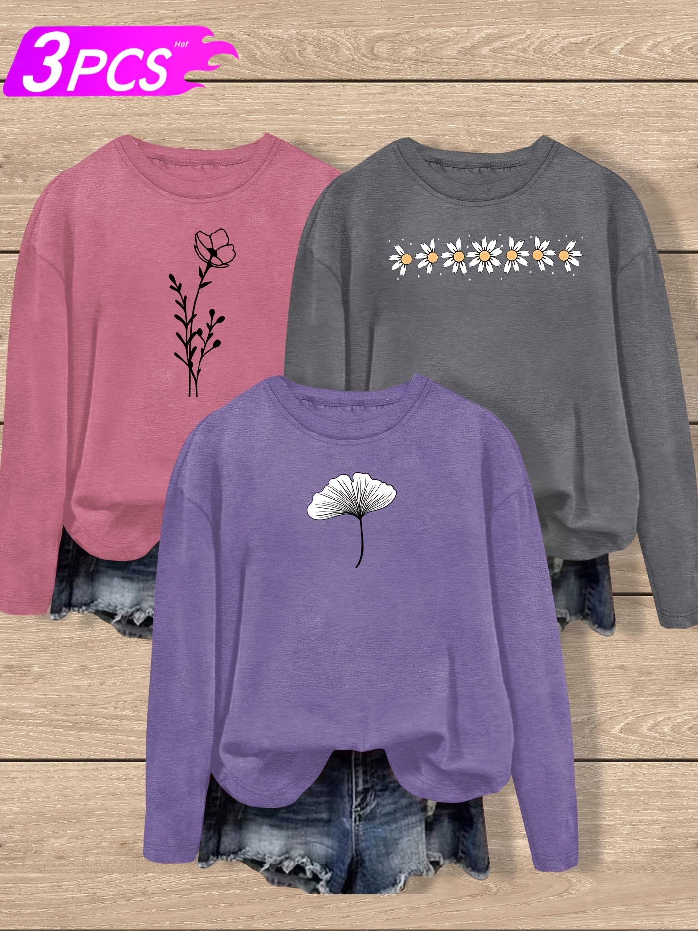 Floral Daisy Leaf Minimalist Print Retro Style Women's Spring Autumn Winter Casual Sporty Round Neck Long Sleeve T-Shirt 3pcs Set, Multi-Color Options S-XXL