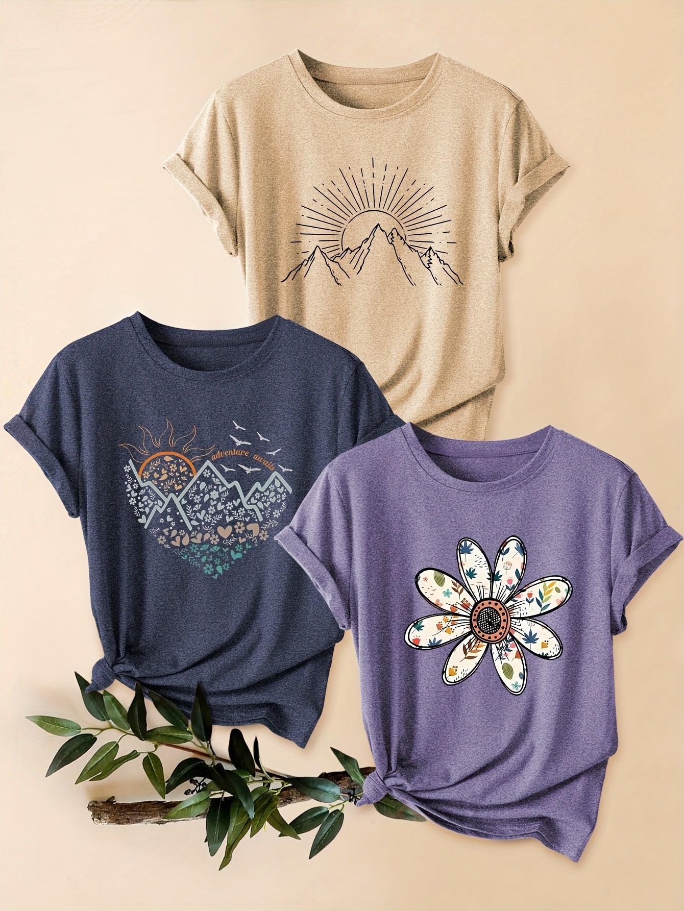 Three-Piece Set of Mountain Chrysanthemum Print Fashion Retro Style Women's Spring Autumn Winter Casual Sporty Round Neck Short Sleeve T-Shirts