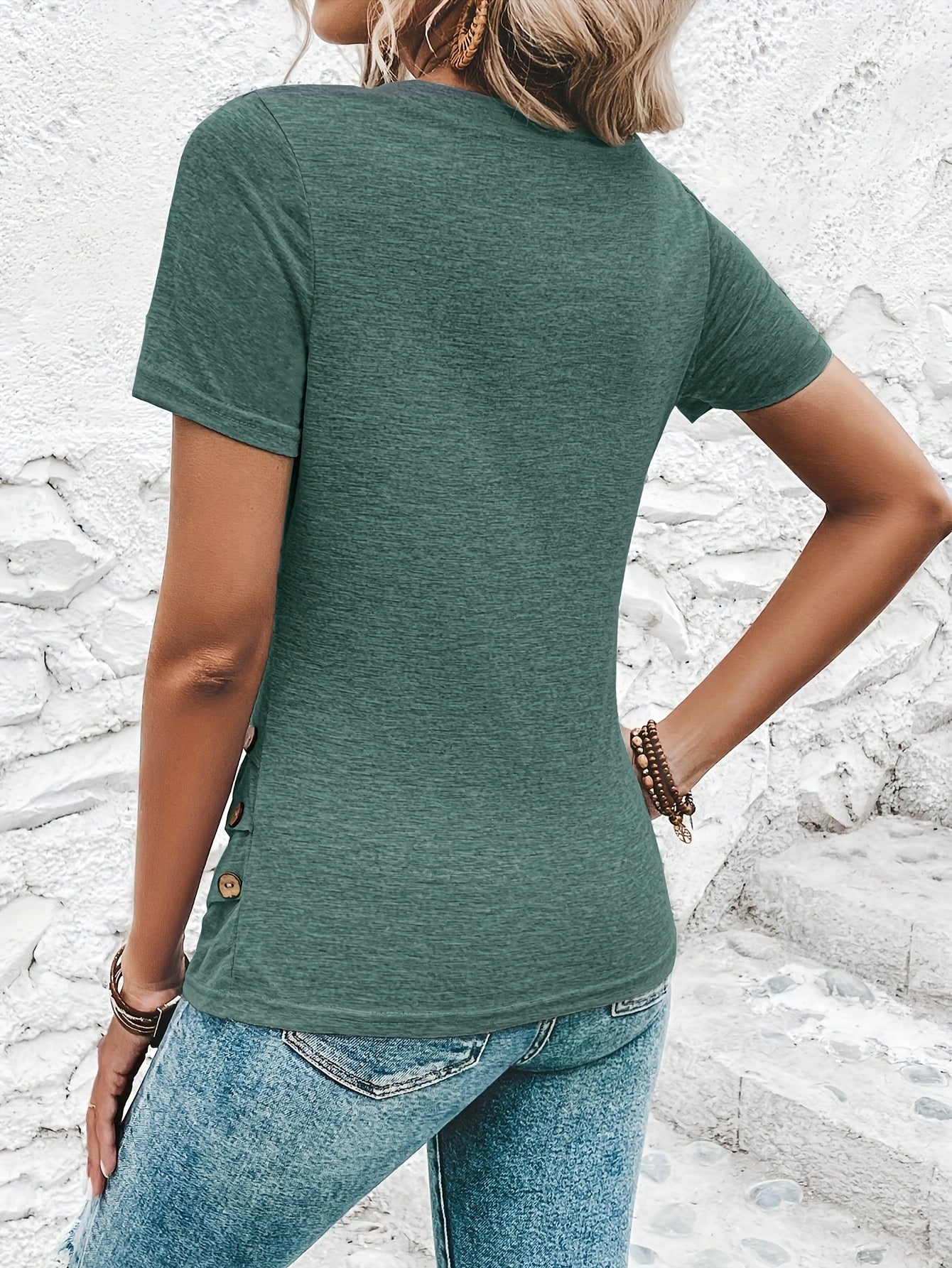 Women's Elegant Casual V-Neck Button-Front T-Shirt with Decorative Buttons - Soft Breathable Top, Regular Fit for Spring Summer Fall, Machine Washable Solid Color Blouse, Seasonal Versatile Shirt, Stylish Button Detailing, Construction