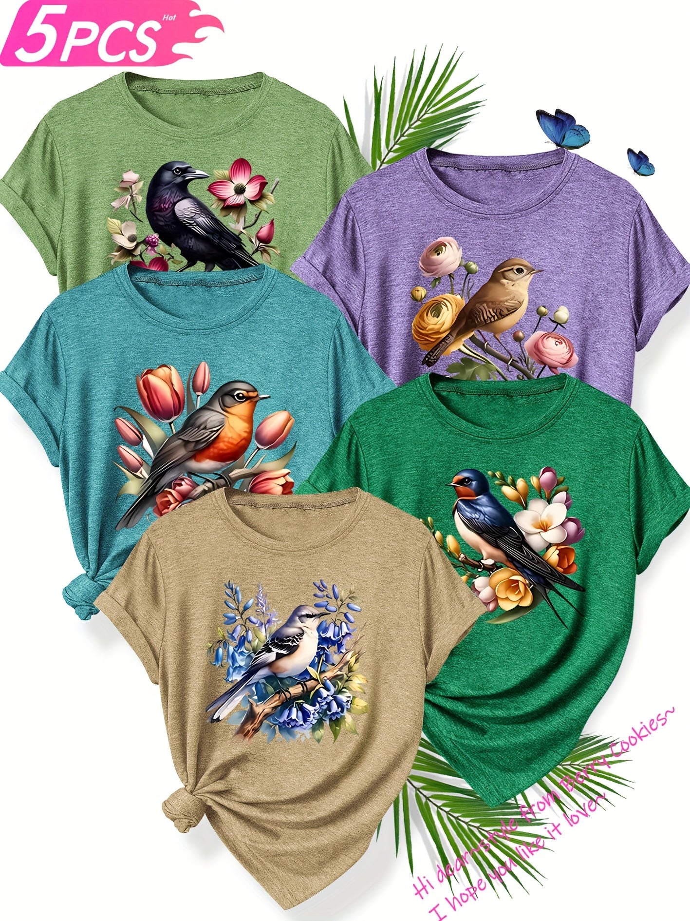 5pcs Set of Sisters Simple and Clear Line Cute Animal Plant Flower Pattern Printed Elegant Women'S Spring, Summer and Autumn Round Neck Short Sleeve T-shirt Multi-color Optional S-XXL