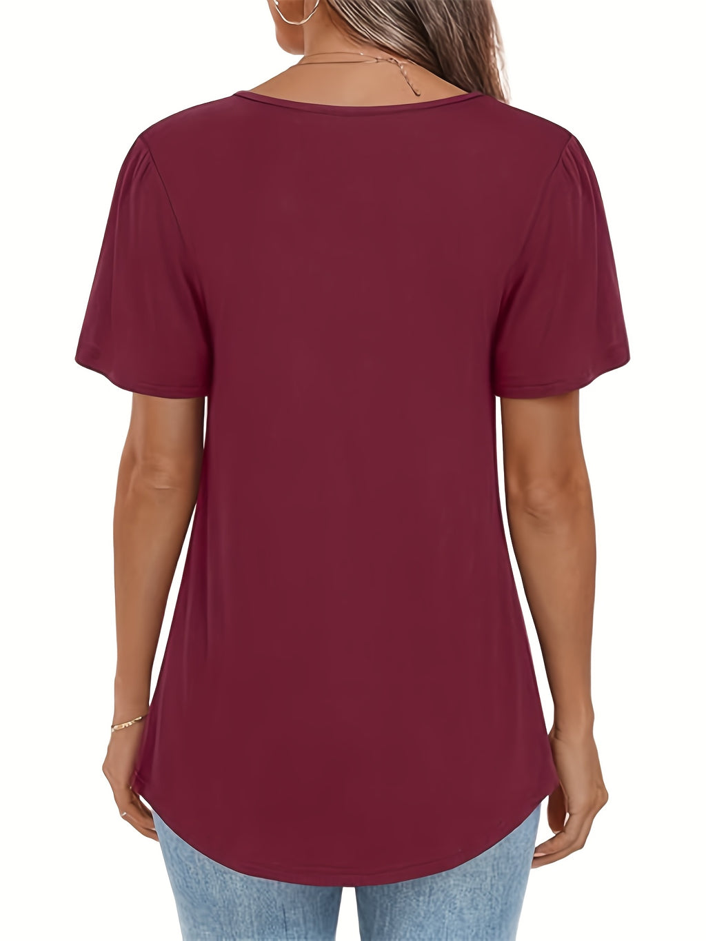 Women's Elegant Square Neck Short Sleeve T-Shirt - Lightweight Polyester-Spandex Blend, Loose Fit with Chest Ruching & Petal Sleeves, Machine Washable Spring Summer Casual Top, Everyday Comfort Tee, Stretchy Fabric