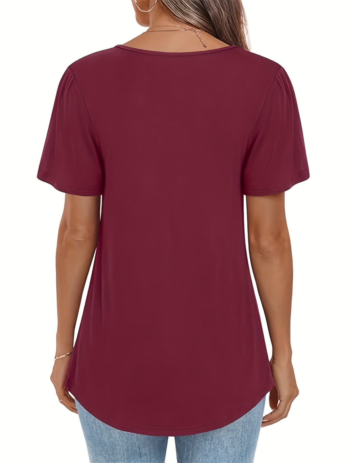 Women's Elegant Square Neck Short Sleeve T-Shirt - Lightweight Polyester-Spandex Blend, Loose Fit with Chest Ruching & Petal Sleeves, Machine Washable Spring Summer Casual Top, Everyday Comfort Tee, Stretchy Fabric