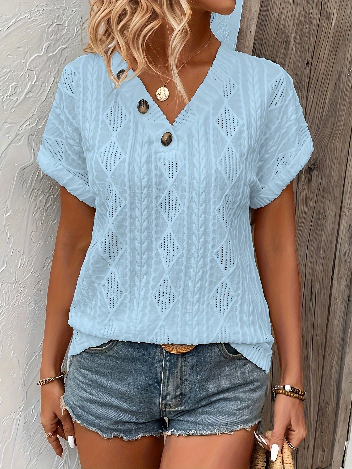 Button Decor V Neck T-Shirt, Casual Short Sleeve Textured Top For Spring & Summer, Women's Clothing