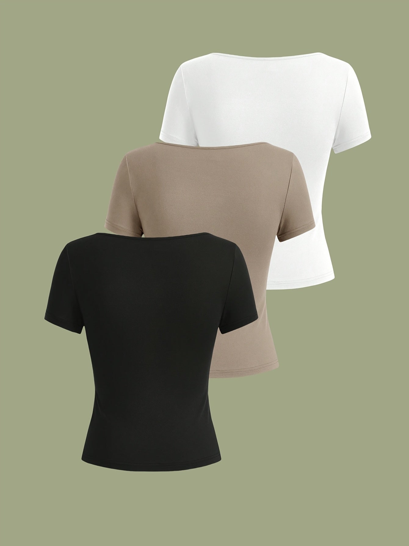 3pcs Women's Casual Square Neck Short Sleeve T-Shirts - High Elasticity Solid Color Tops, Machine Washable & Versatile for Casual Attire, All-Season Comfort