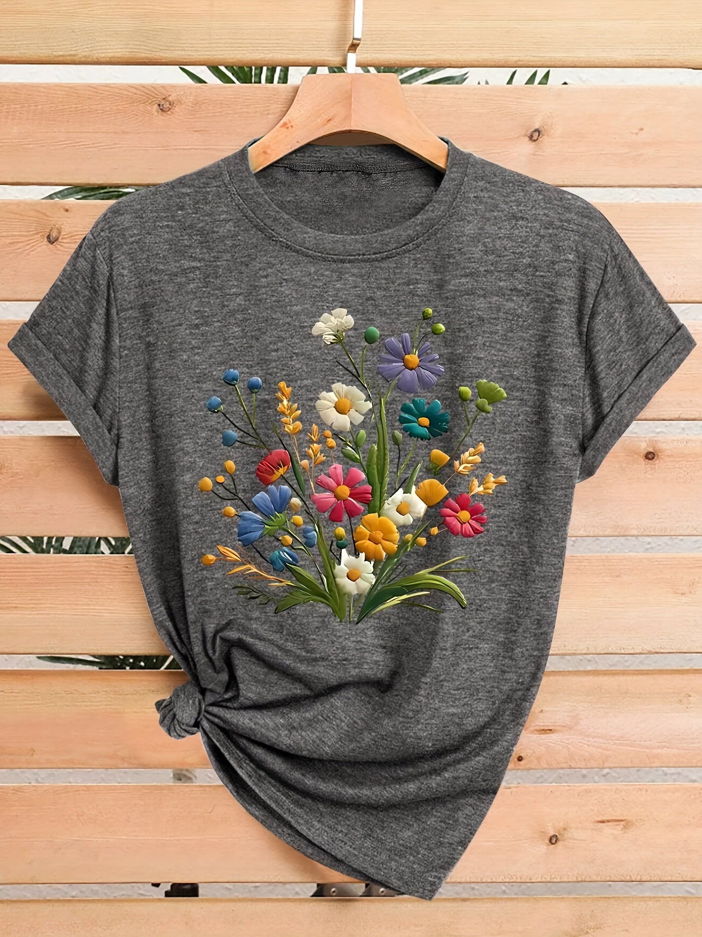 [Vintage T-Shirt] Vintage Floral Women's T-Shirt | Casual Crew Neck Short Sleeve Top, Medium Stretch Fabric, Colorful Flower Design, Sizes S-XXL