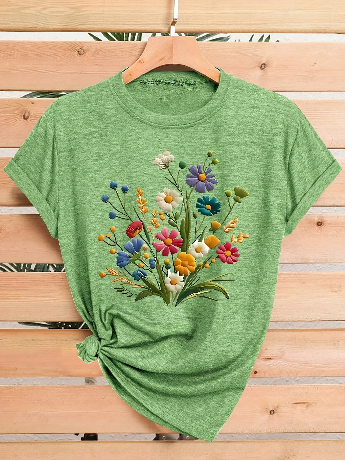 [Vintage T-Shirt] Vintage Floral Women's T-Shirt | Casual Crew Neck Short Sleeve Top, Medium Stretch Fabric, Colorful Flower Design, Sizes S-XXL