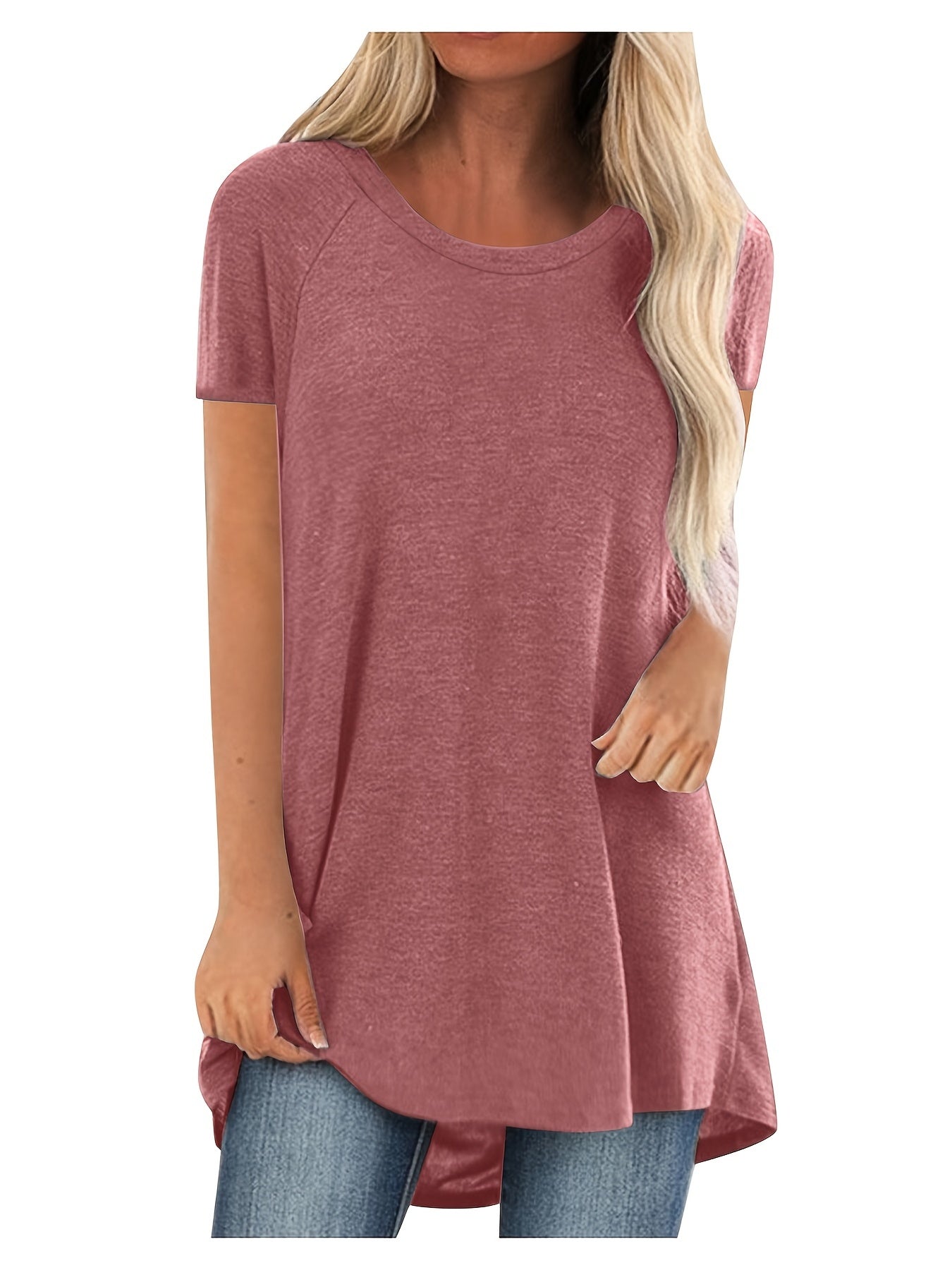 Womens Solid Longline T-Shirt - Soft Crew Neck, Short Sleeve Tops - Casual Everyday Wear, Comfortable & Durable, Trendy Style - For Fashionable Women