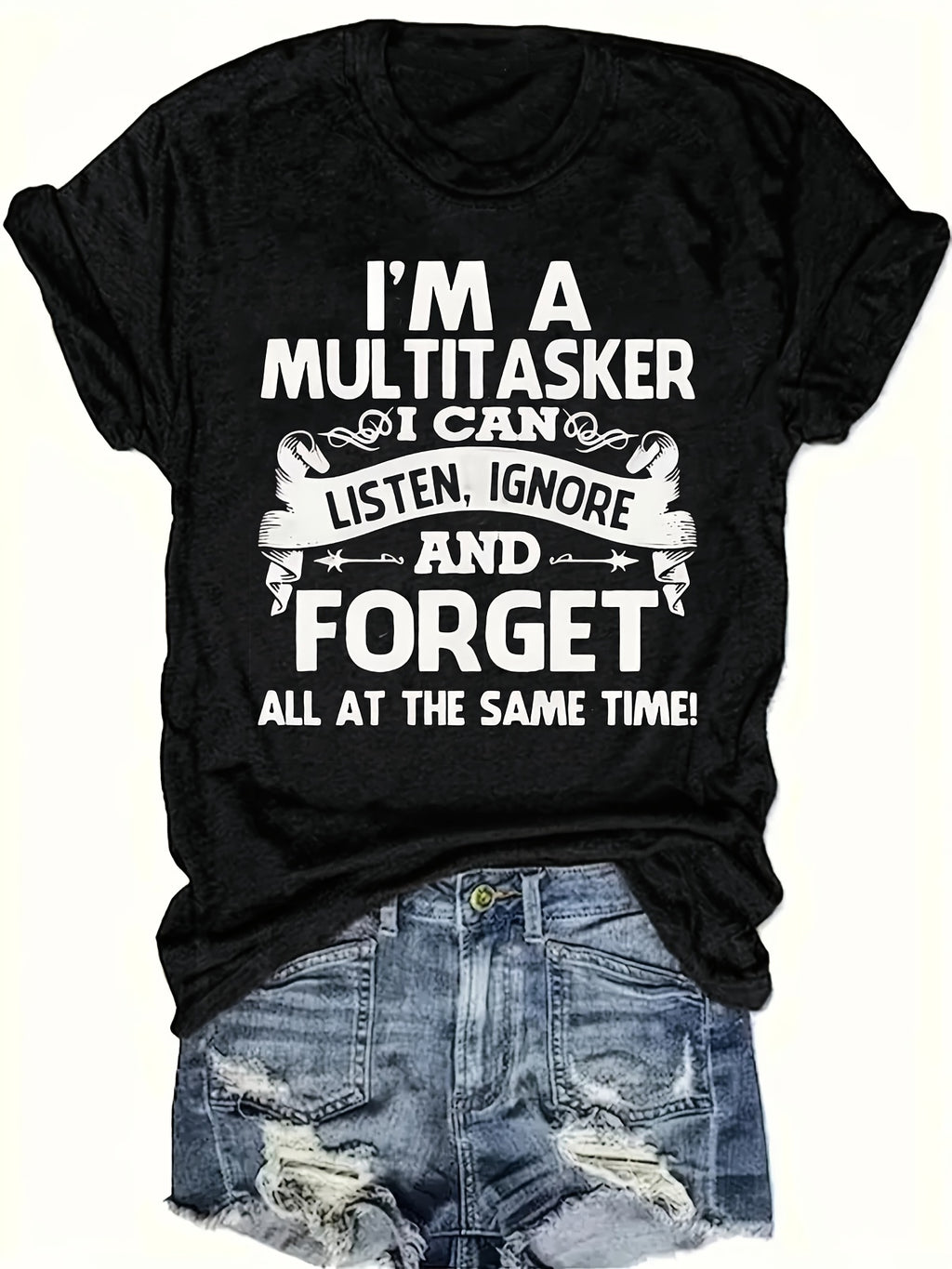 [Funny T-Shirt] Comfortable Women's Casual Short Sleeve T-Shirt | Funny Multitasker Slogan Print - Black & White Letter Graphic Tee, Round Neck, Machine Washable, Spring Summer Fall Essential, Flattering Fit Shirt, Seasonal Fashion, Versatile Fashion