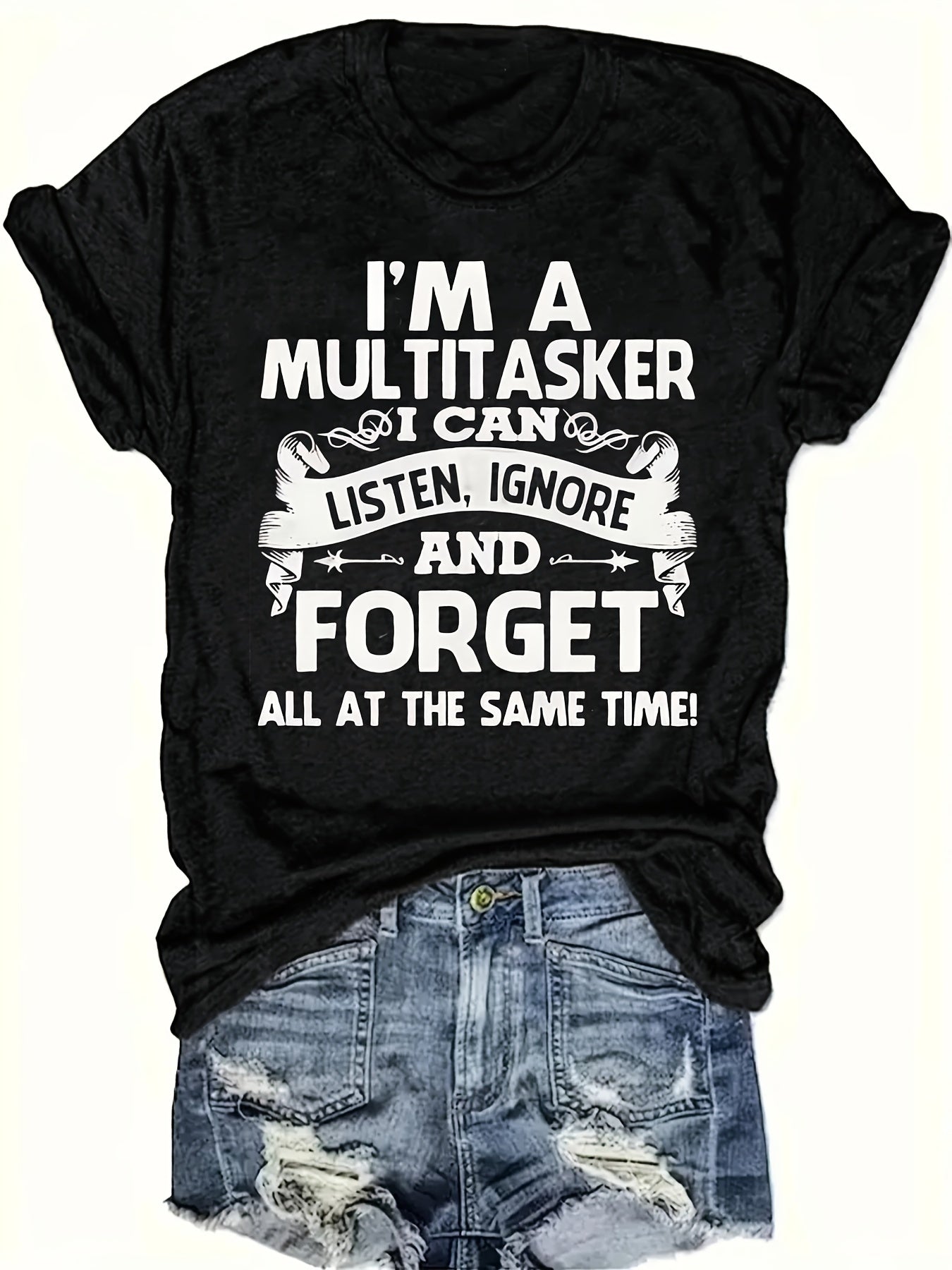 [Funny T-Shirt] Comfortable Women's Casual Short Sleeve T-Shirt | Funny Multitasker Slogan Print - Black & White Letter Graphic Tee, Round Neck, Machine Washable, Spring Summer Fall Essential, Flattering Fit Shirt, Seasonal Fashion, Versatile Fashion