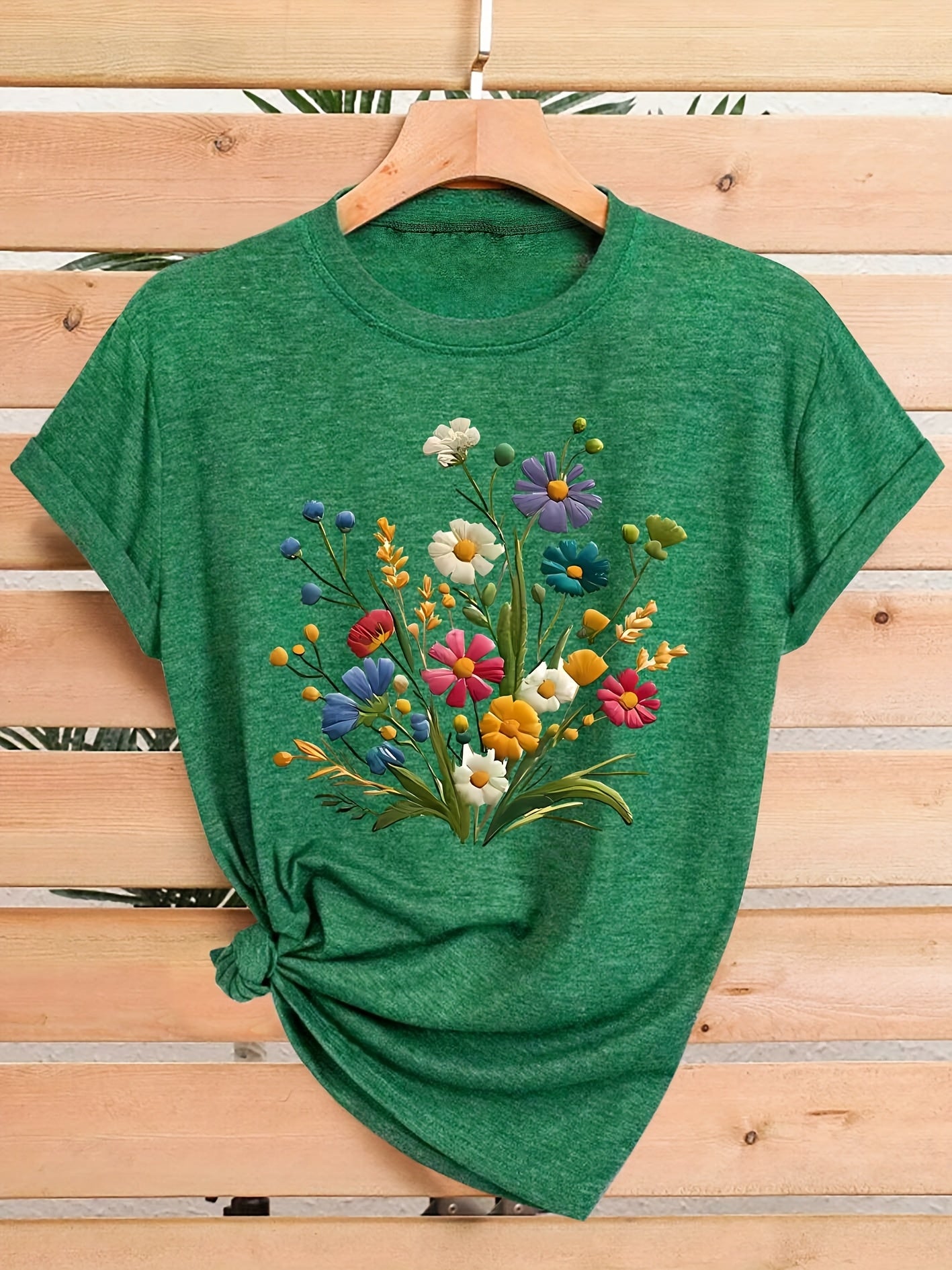[Vintage T-Shirt] Vintage Floral Women's T-Shirt | Casual Crew Neck Short Sleeve Top, Medium Stretch Fabric, Colorful Flower Design, Sizes S-XXL