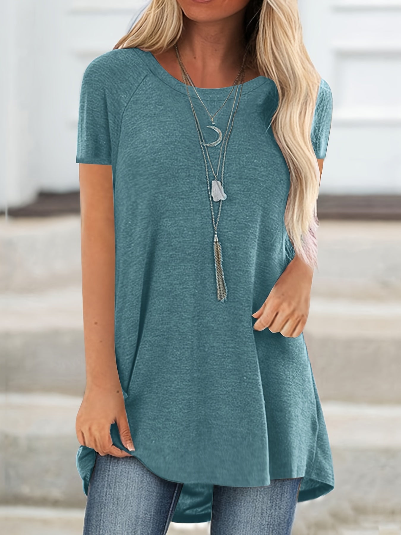 Womens Solid Longline T-Shirt - Soft Crew Neck, Short Sleeve Tops - Casual Everyday Wear, Comfortable & Durable, Trendy Style - For Fashionable Women