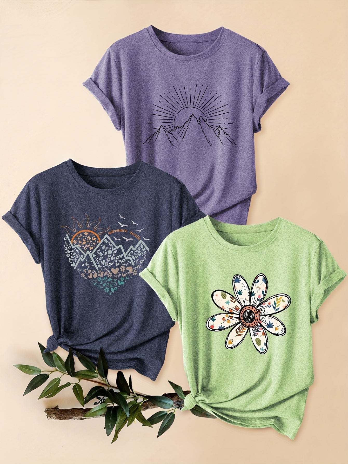 Three-Piece Set of Mountain Chrysanthemum Print Fashion Retro Style Women's Spring Autumn Winter Casual Sporty Round Neck Short Sleeve T-Shirts