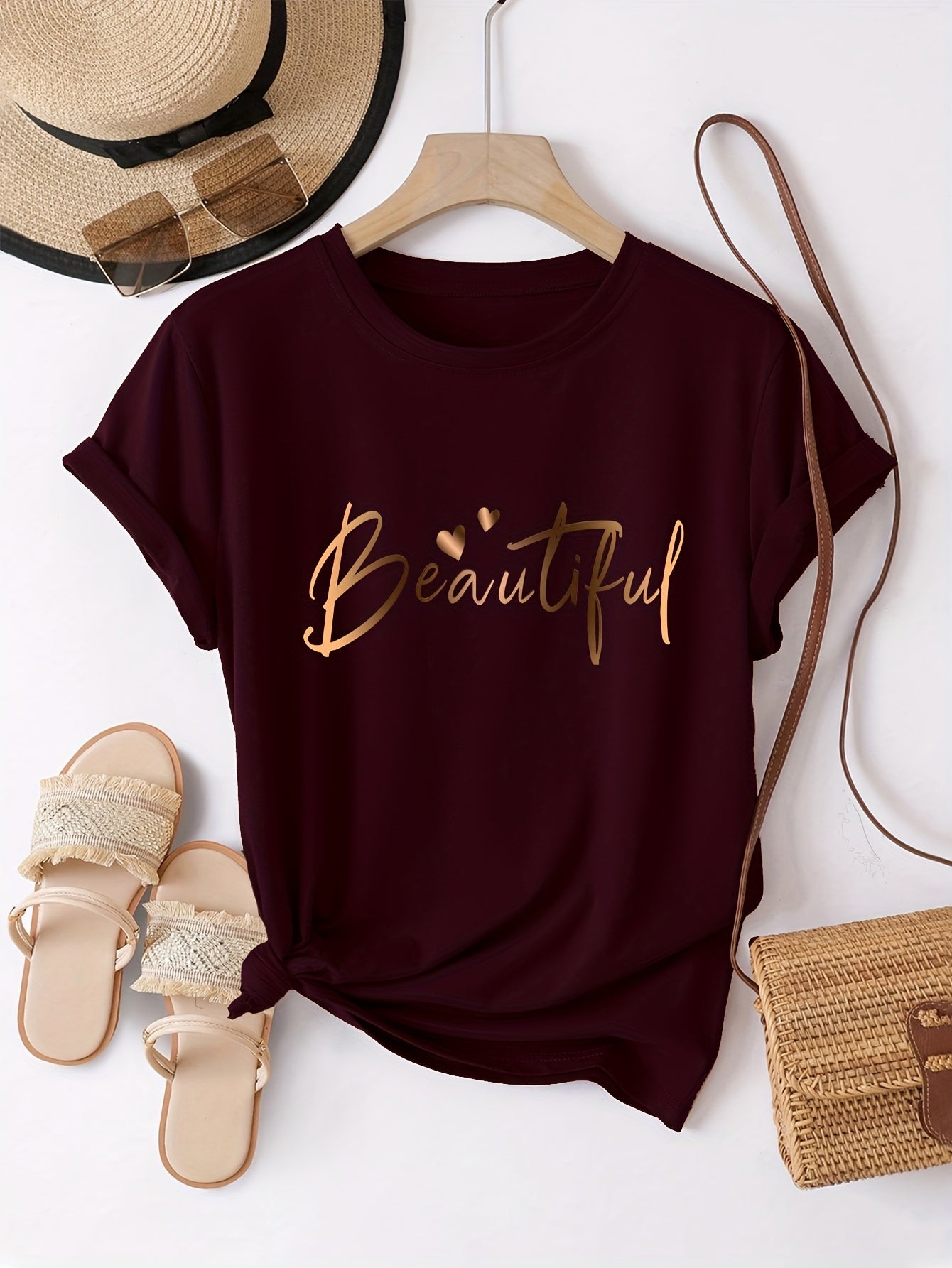 Women'S Casual Crew Neck T-Shirt with Heart & Letter Print - "Beautiful" Design, Short Sleeve, Loose Fit, Black, Perfect for Spring/Summer/Fall, Ladies T Shirts