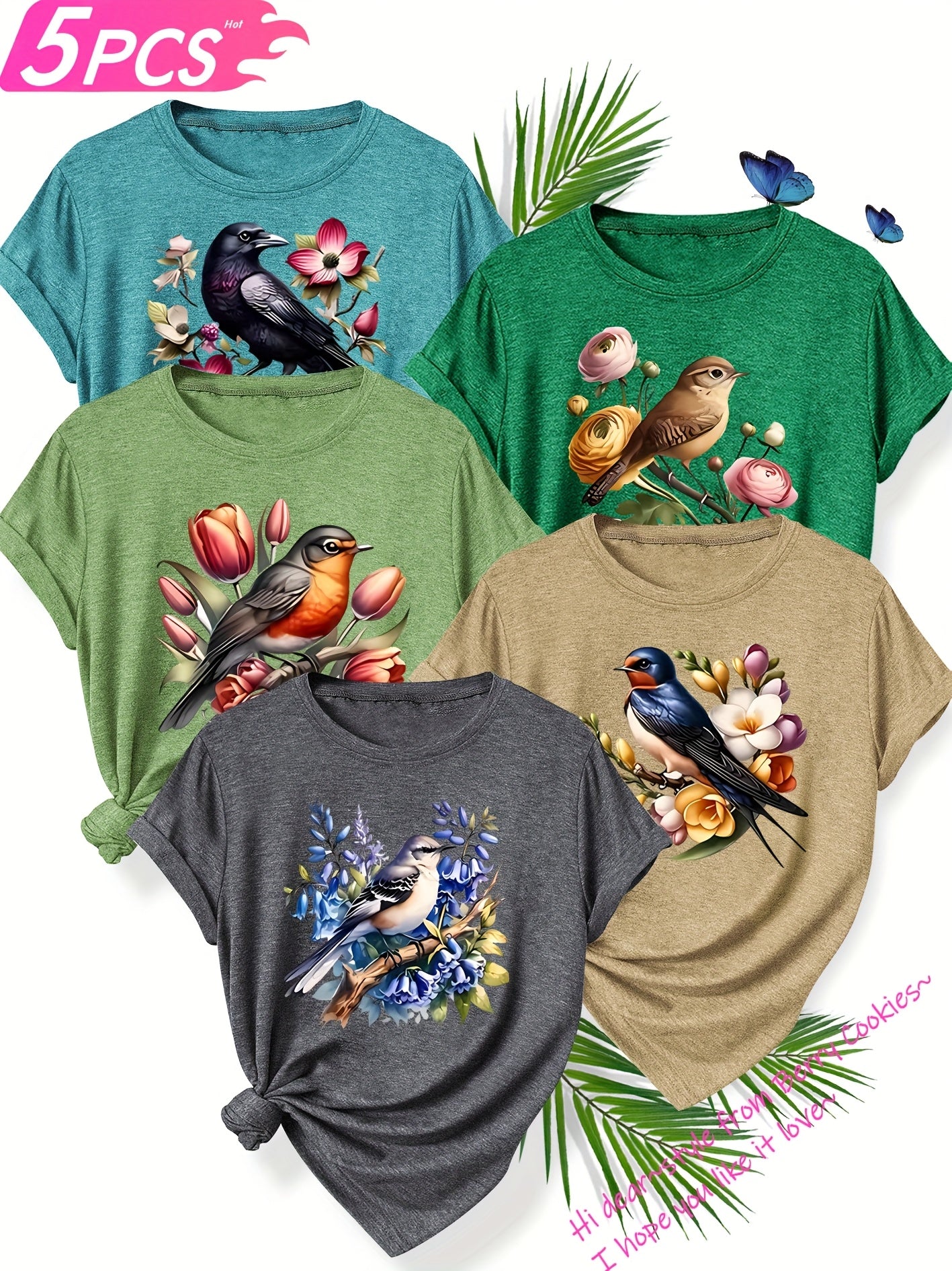 5pcs Set of Sisters Simple and Clear Line Cute Animal Plant Flower Pattern Printed Elegant Women'S Spring, Summer and Autumn Round Neck Short Sleeve T-shirt Multi-color Optional S-XXL