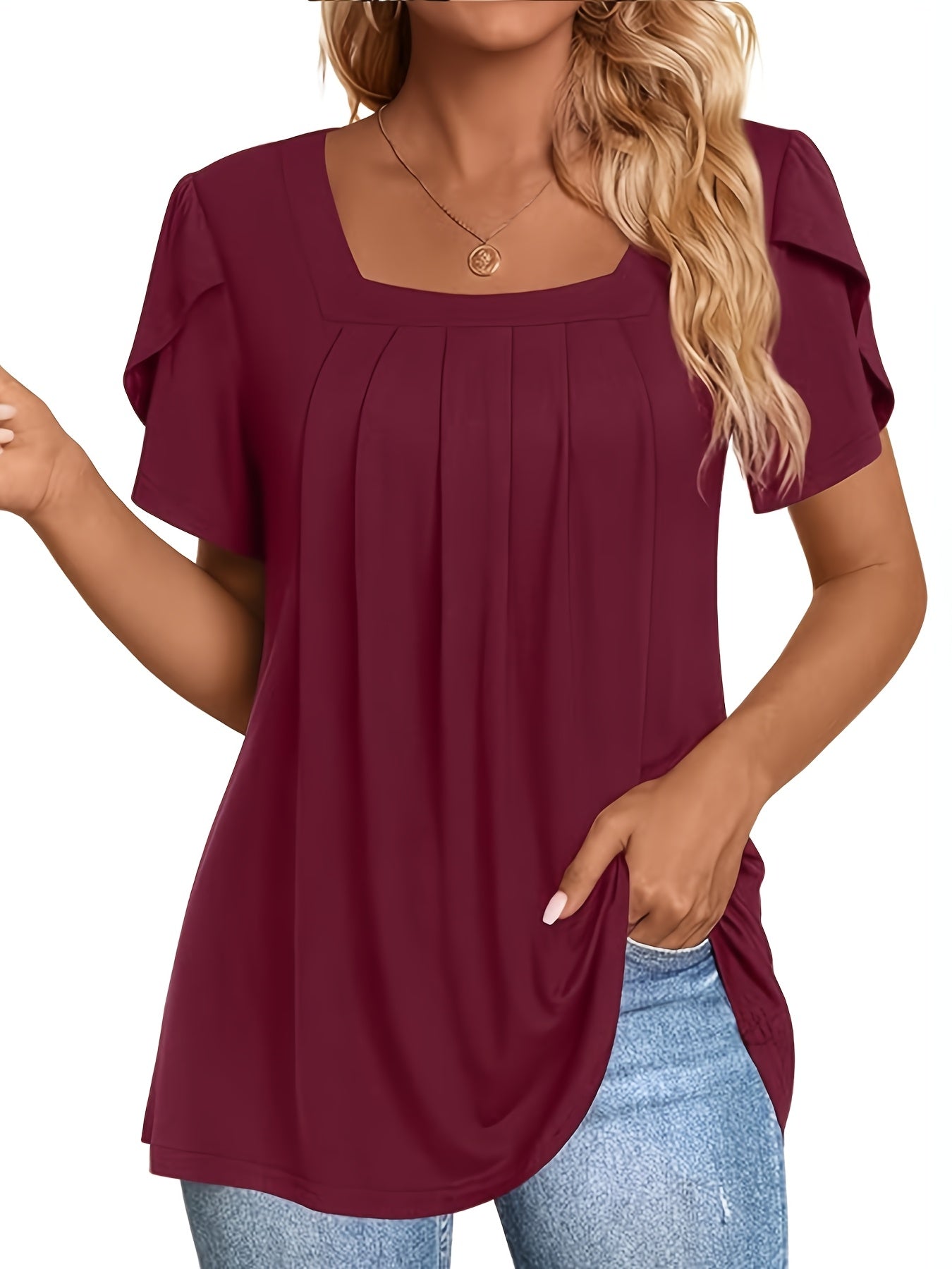 Women's Elegant Square Neck Short Sleeve T-Shirt - Lightweight Polyester-Spandex Blend, Loose Fit with Chest Ruching & Petal Sleeves, Machine Washable Spring Summer Casual Top, Everyday Comfort Tee, Stretchy Fabric