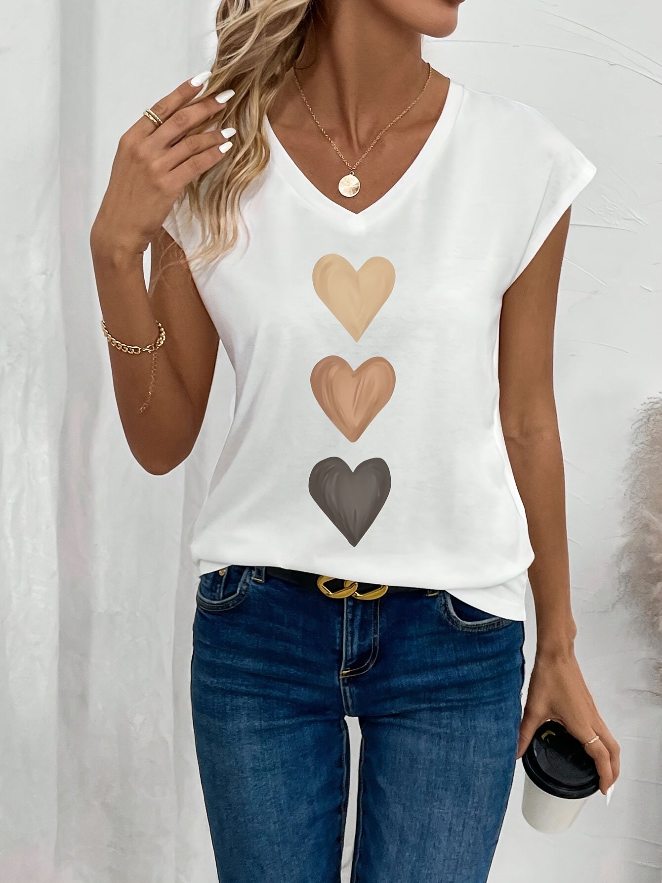 [V Neck Heart Print Tee] Heart Print V Neck T-Shirt, Casual Cap Sleeve Top For Spring & Summer, Women's Clothing