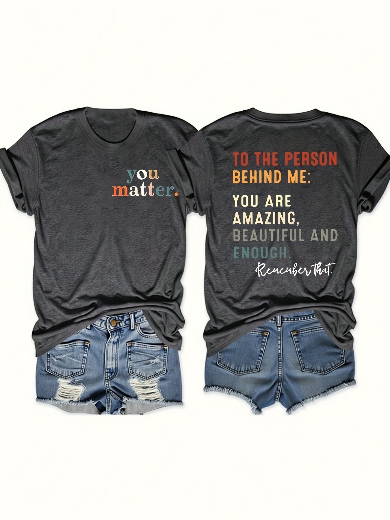 [Motivational T-Shirt] Breathable Women's Casual Round Neck Short Sleeve T-Shirt | Motivational Slogan Print - Dark Grey & Orange Lettering, Machine Washable, Spring Summer Essential, Everyday Comfort, Versatile Fashion, Comfortable Fit