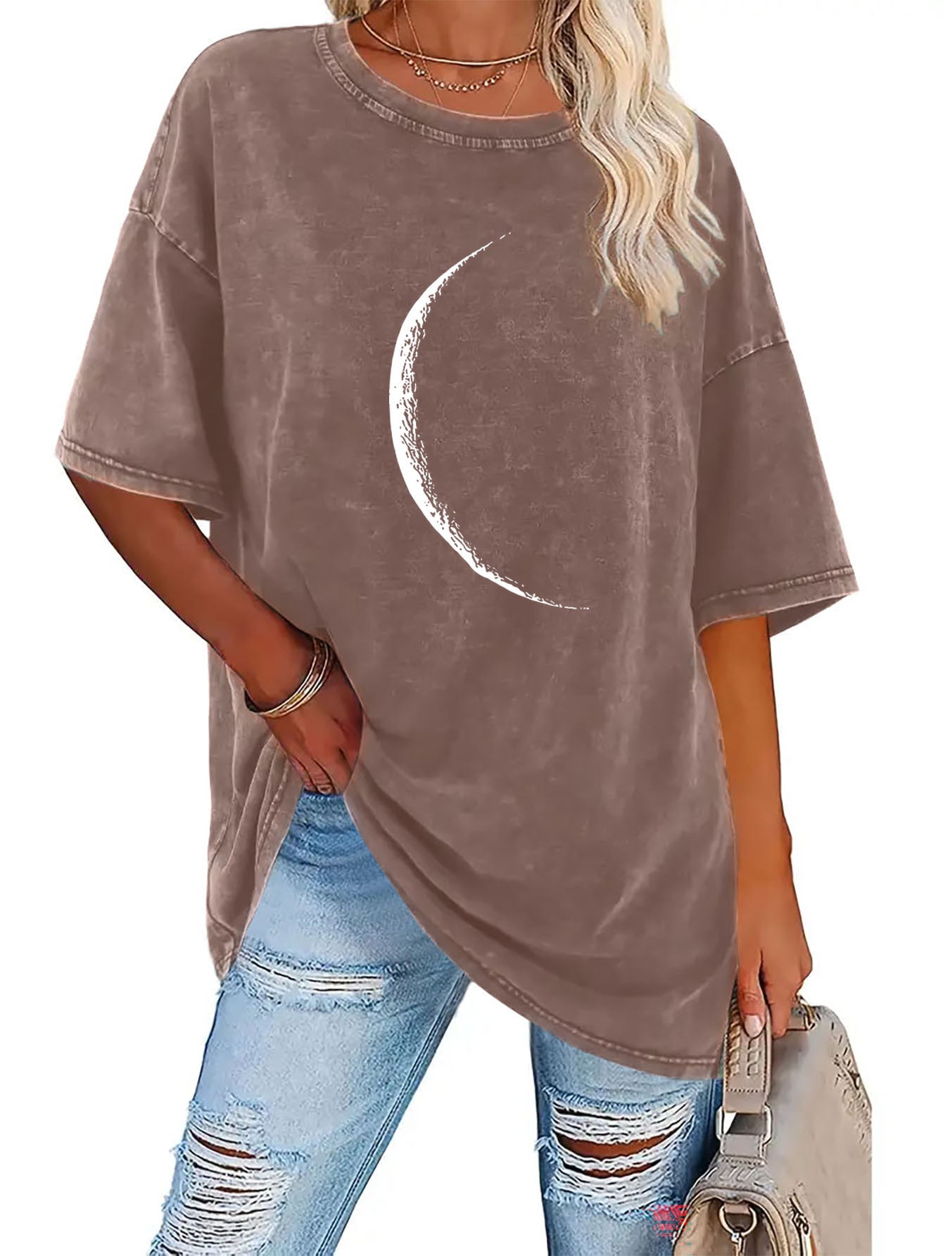 Half Moon Pattern, Summer Women'S Fashion Washed Retro High Quality 230G Thick T-Shirt, Street Retro Style Round Neck Short-Sleeved T-Shirt
