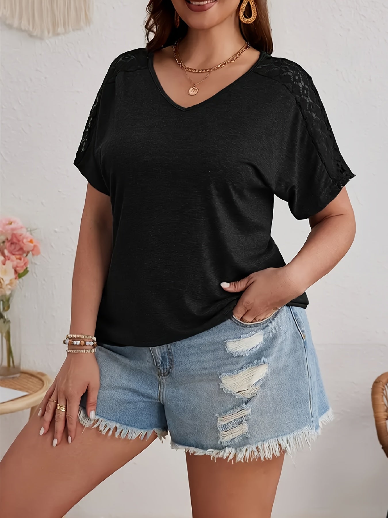 [Plus Size V-Neck Tee] 2024 Summer Women's Plus Size V-Neck T-Shirt | Pink with Lace Detail, Short Sleeve, Lightweight & Stretchy Fabric, Casual Wear | Comfortable Fit, Lace Trim Top