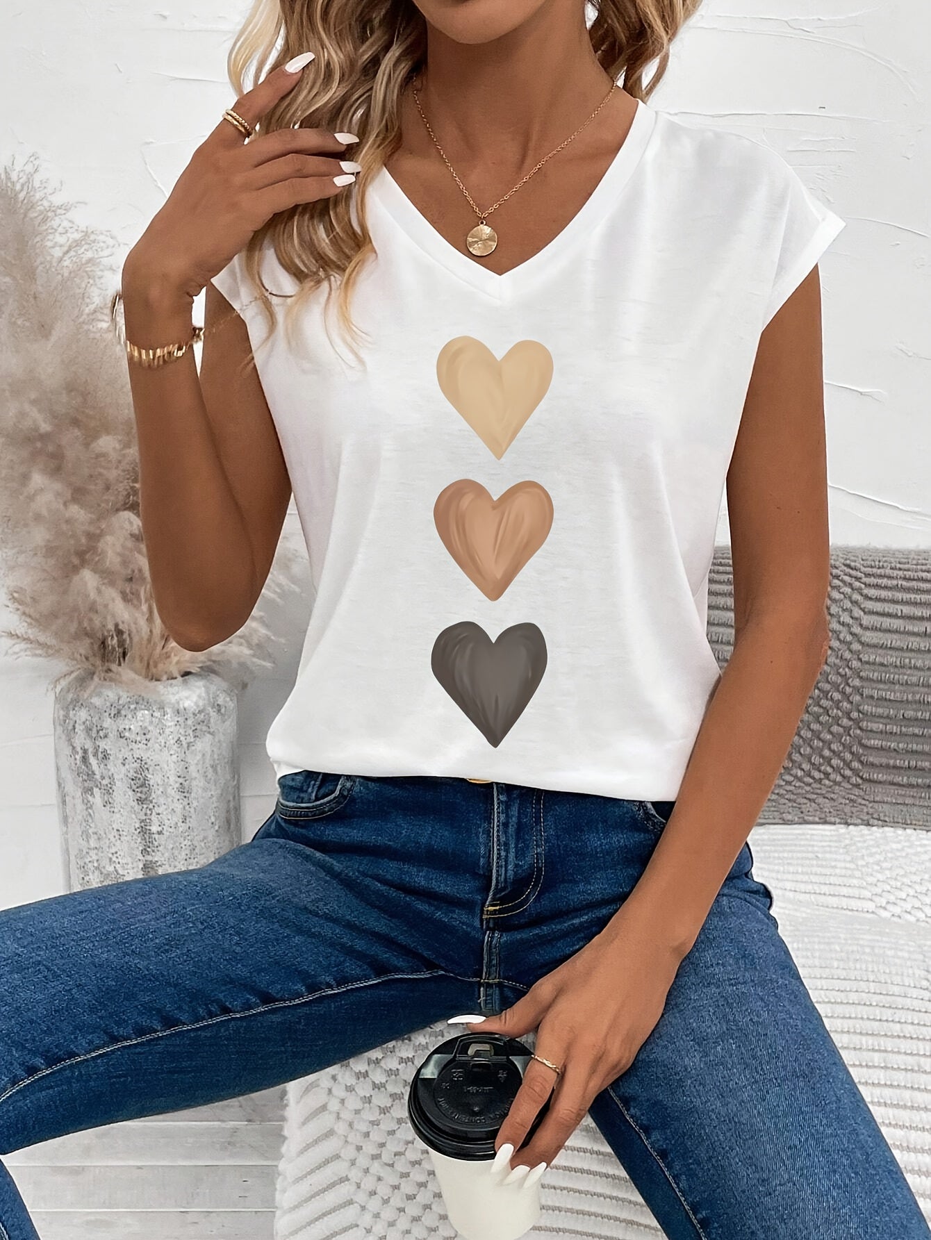 [V Neck Heart Print Tee] Heart Print V Neck T-Shirt, Casual Cap Sleeve Top For Spring & Summer, Women's Clothing