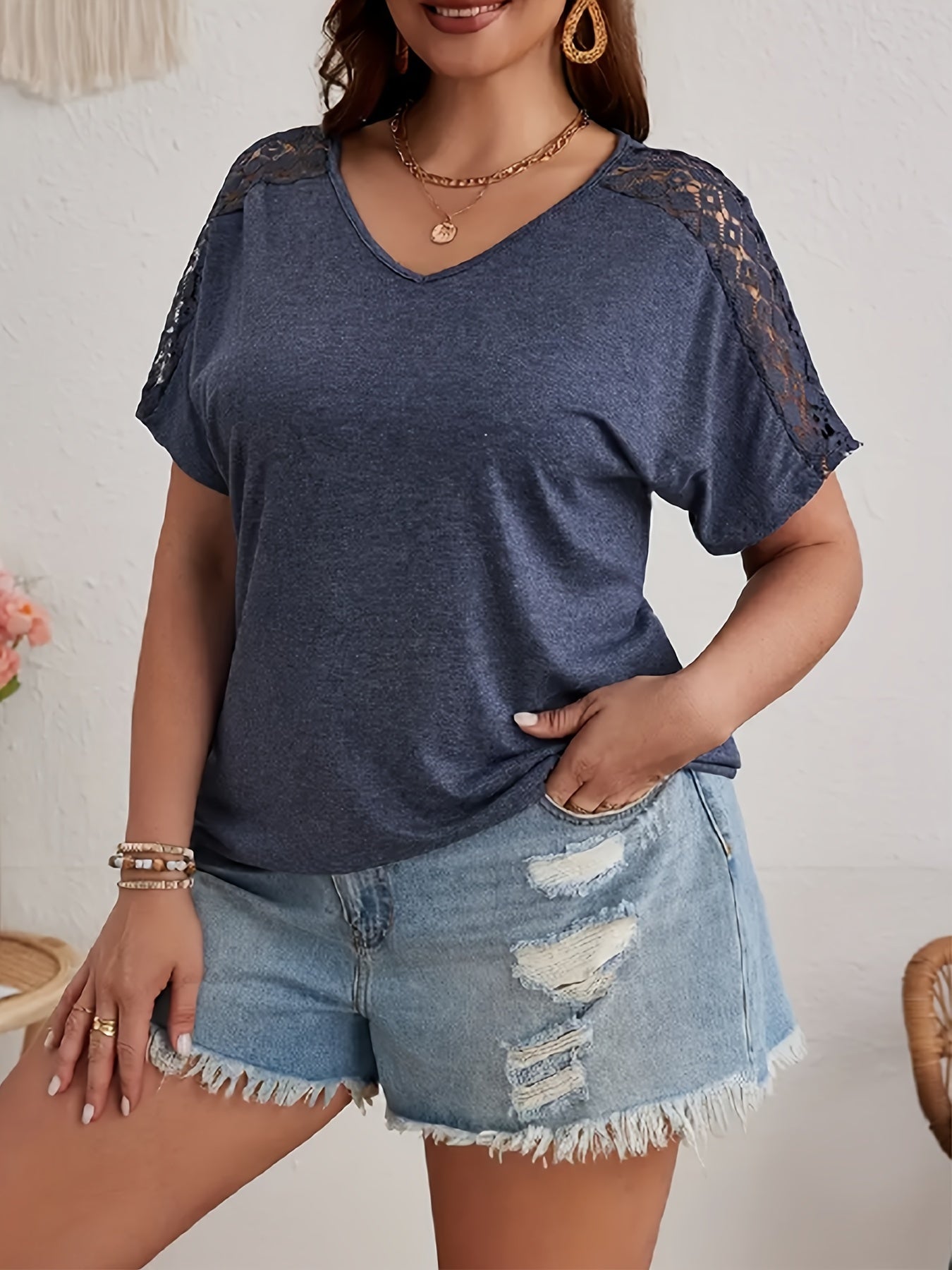 [Plus Size V-Neck Tee] 2024 Summer Women's Plus Size V-Neck T-Shirt | Pink with Lace Detail, Short Sleeve, Lightweight & Stretchy Fabric, Casual Wear | Comfortable Fit, Lace Trim Top