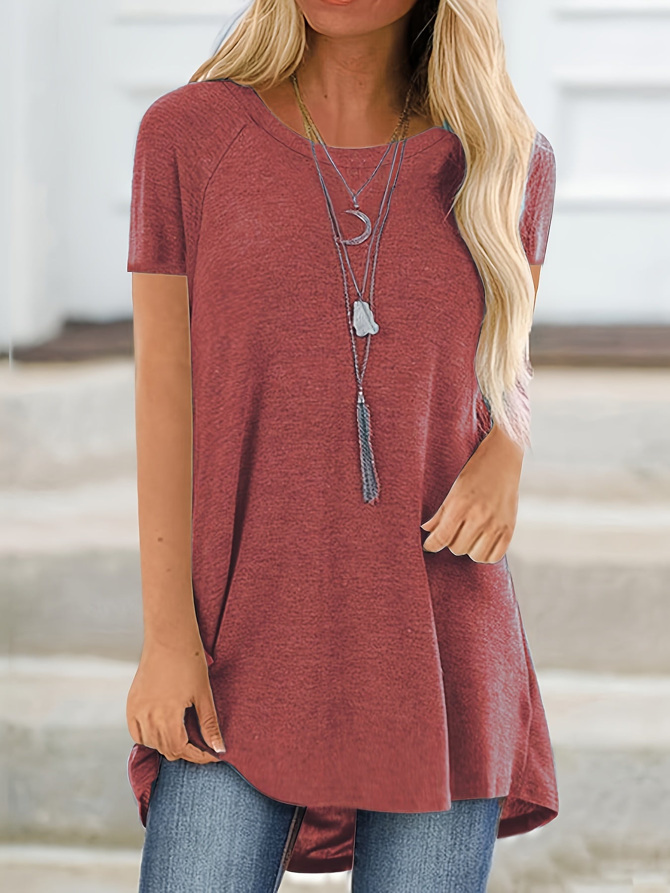 Womens Solid Longline T-Shirt - Soft Crew Neck, Short Sleeve Tops - Casual Everyday Wear, Comfortable & Durable, Trendy Style - For Fashionable Women