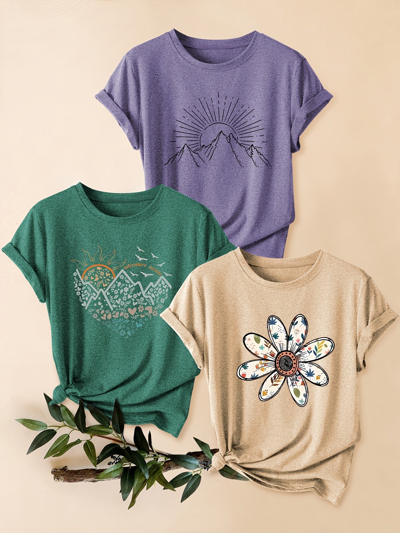 Three-Piece Set of Mountain Chrysanthemum Print Fashion Retro Style Women's Spring Autumn Winter Casual Sporty Round Neck Short Sleeve T-Shirts