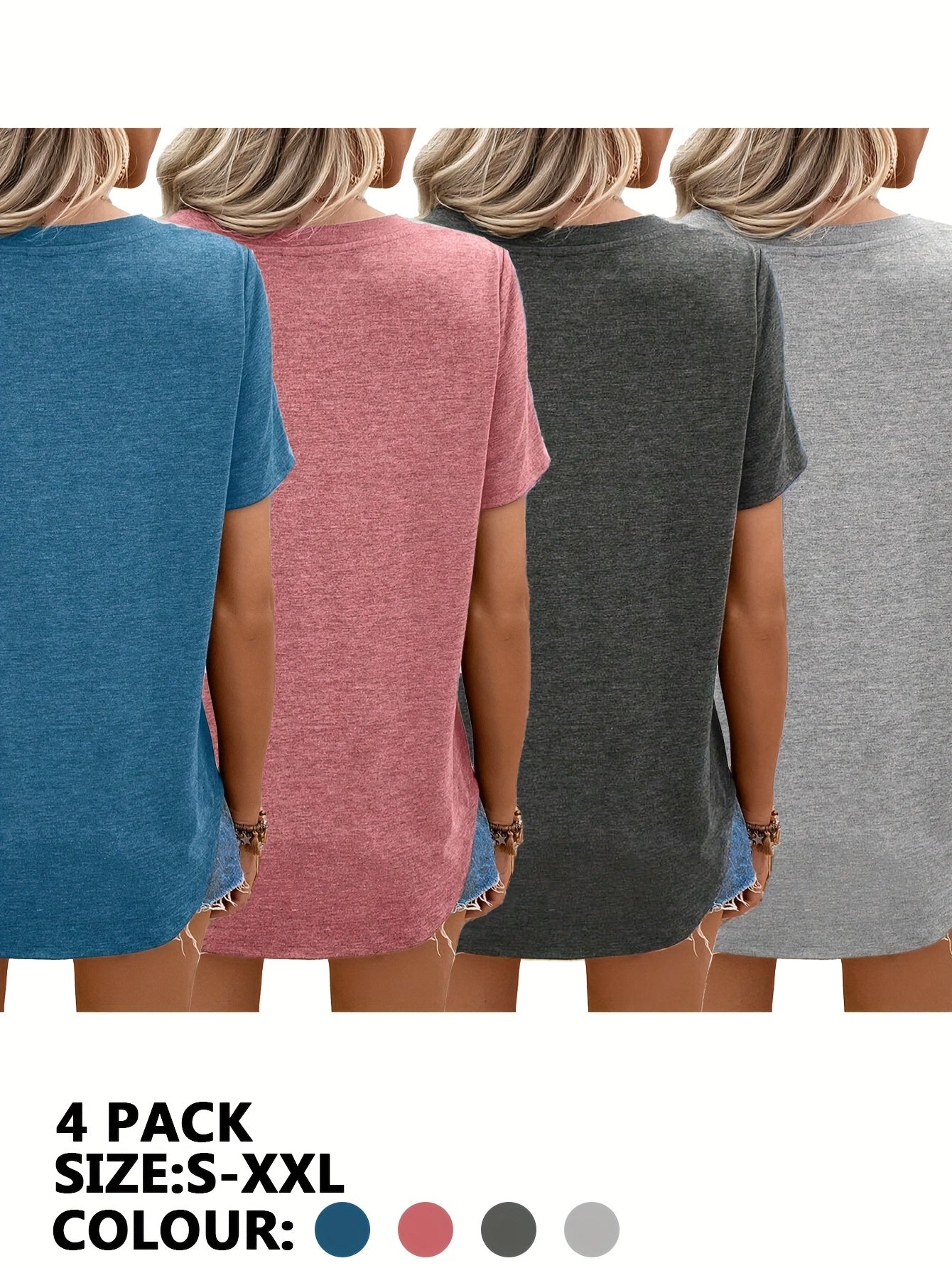 4pcs Women'S Solid Color V-Neck Short Sleeve T-Shirts, Casual Spring/Summer Tee Set, Sizes S-XXL