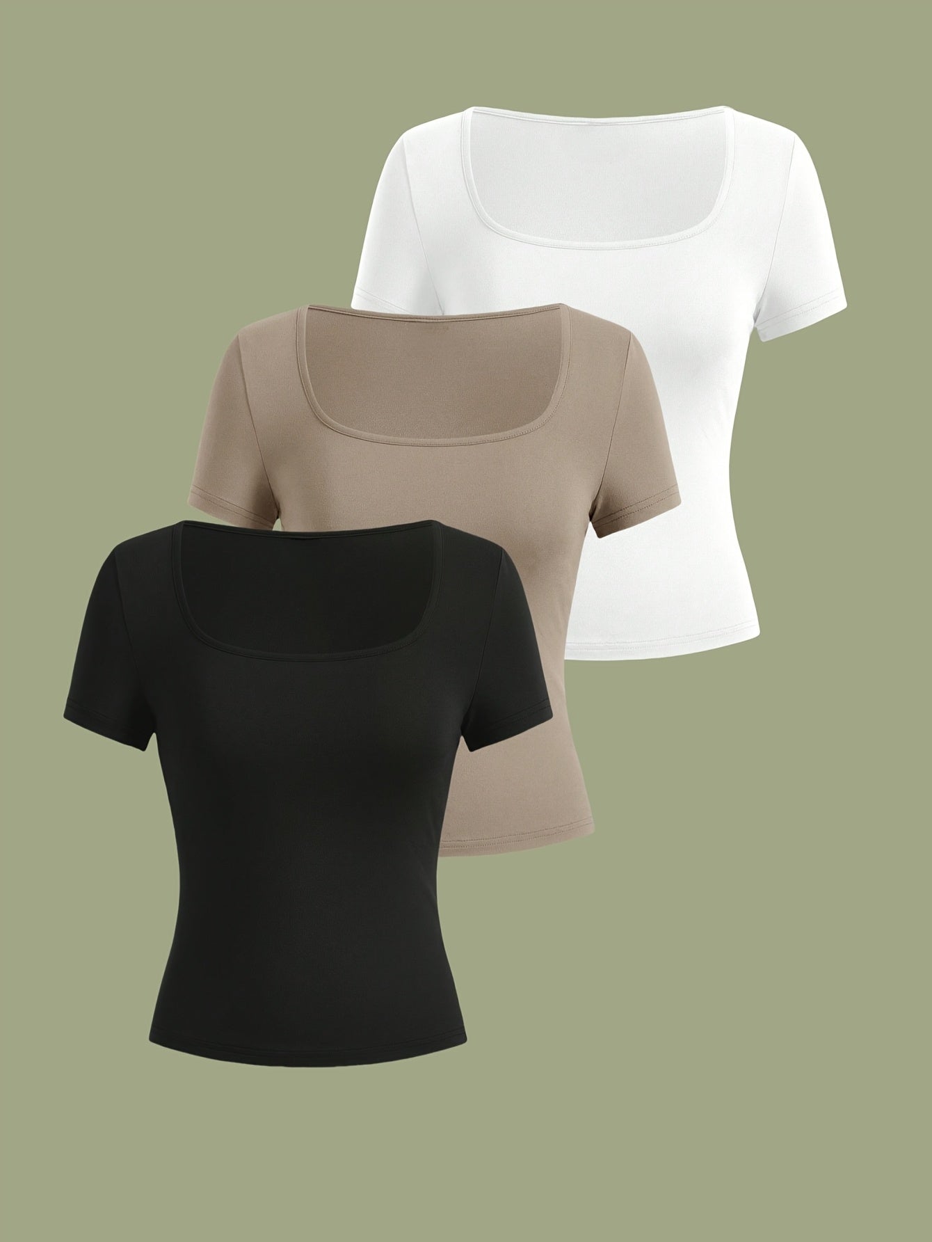 3pcs Women's Casual Square Neck Short Sleeve T-Shirts - High Elasticity Solid Color Tops, Machine Washable & Versatile for Casual Attire, All-Season Comfort