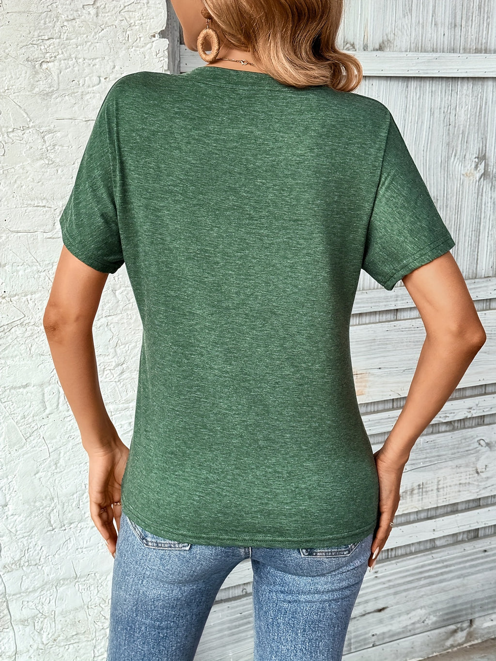 [Casual T-Shirt] Casual Solid V Neck T-Shirt | Women's Short Sleeve Top For Spring & Summer