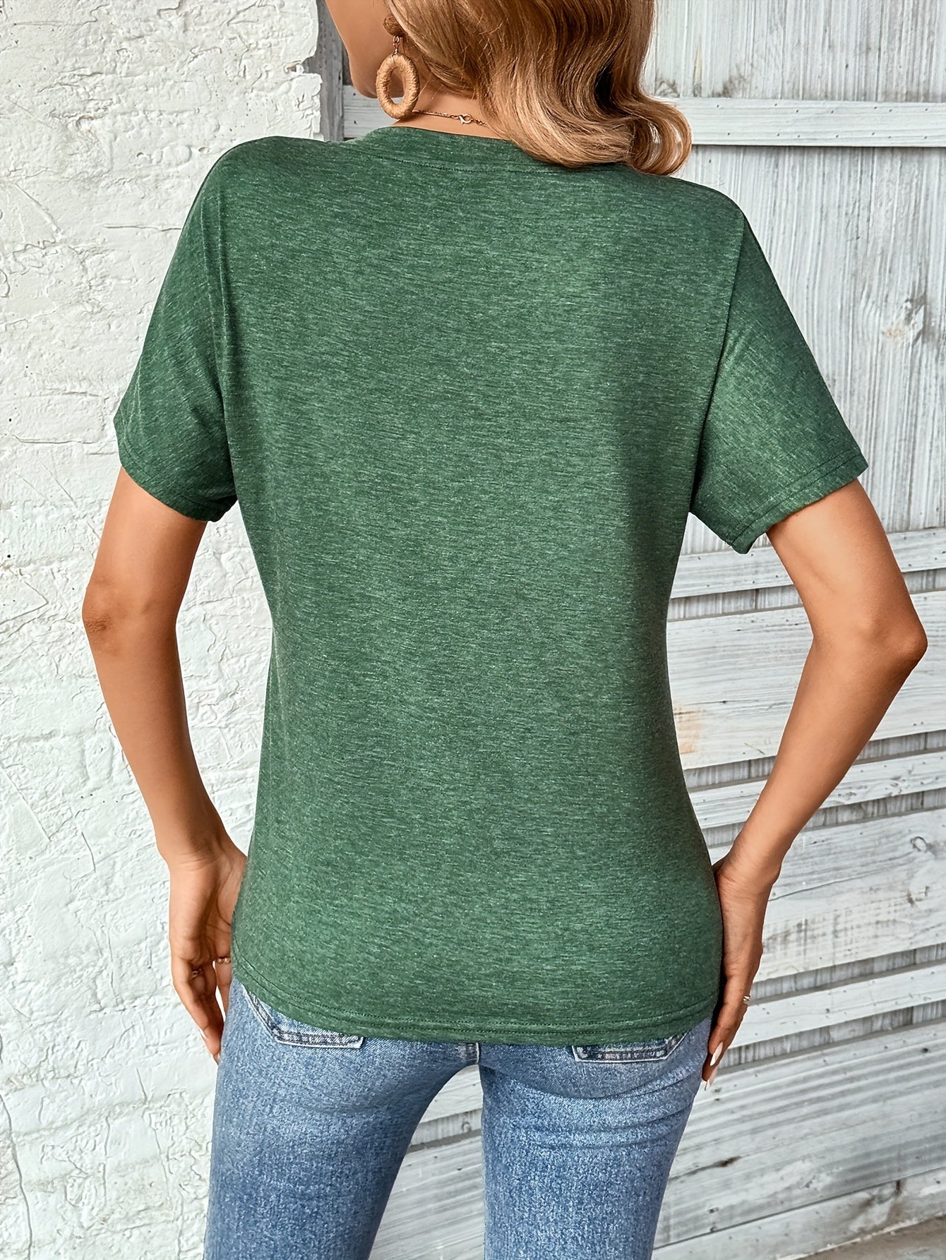 [Casual T-Shirt] Casual Solid V Neck T-Shirt | Women's Short Sleeve Top For Spring & Summer