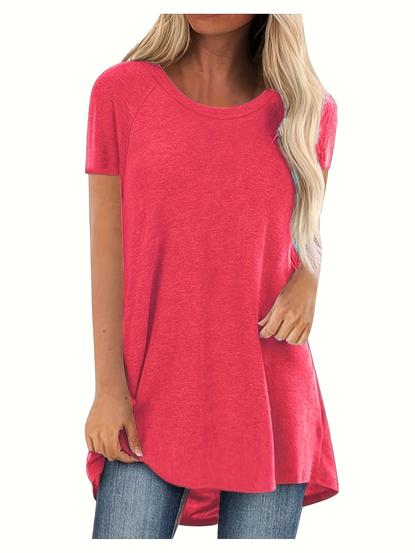 Womens Solid Longline T-Shirt - Soft Crew Neck, Short Sleeve Tops - Casual Everyday Wear, Comfortable & Durable, Trendy Style - For Fashionable Women
