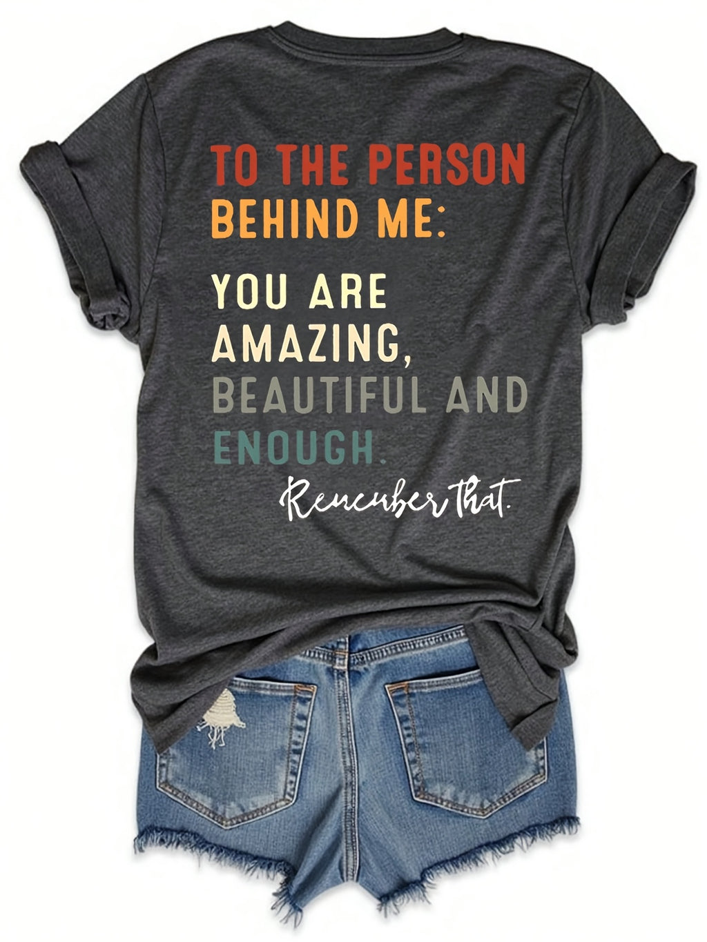 [Motivational T-Shirt] Breathable Women's Casual Round Neck Short Sleeve T-Shirt | Motivational Slogan Print - Dark Grey & Orange Lettering, Machine Washable, Spring Summer Essential, Everyday Comfort, Versatile Fashion, Comfortable Fit