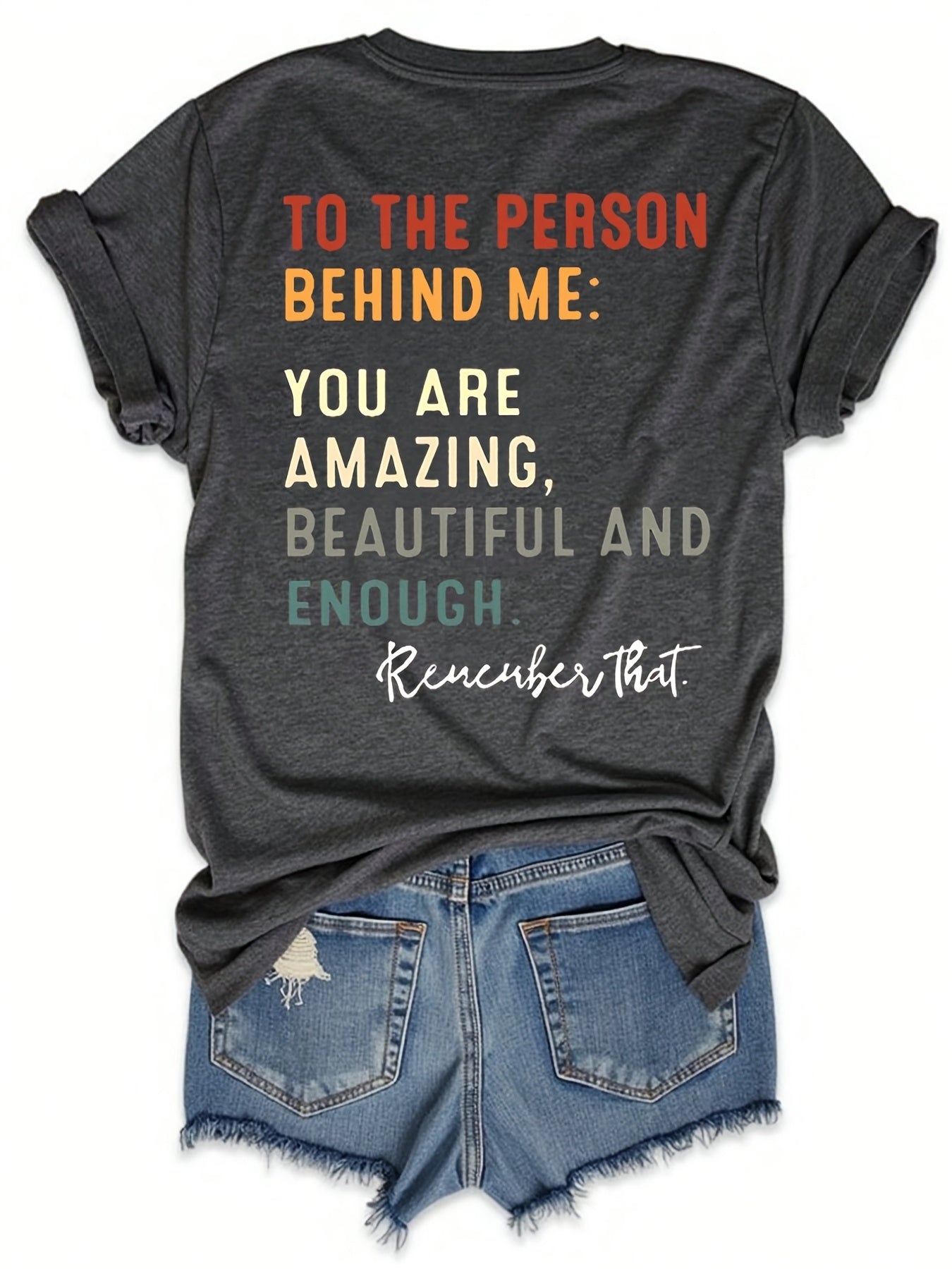[Motivational T-Shirt] Breathable Women's Casual Round Neck Short Sleeve T-Shirt | Motivational Slogan Print - Dark Grey & Orange Lettering, Machine Washable, Spring Summer Essential, Everyday Comfort, Versatile Fashion, Comfortable Fit